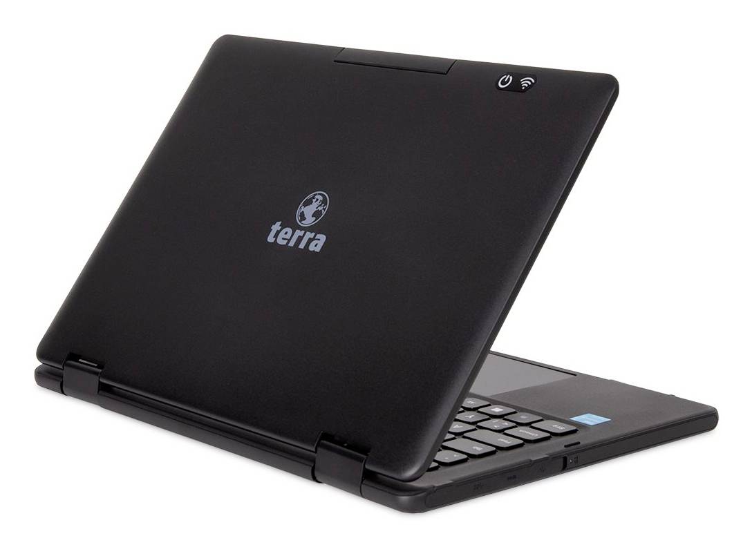 Black Terra Laptop halb geöffnet, zeigt Tastatur und Logo auf dem Deckel.
