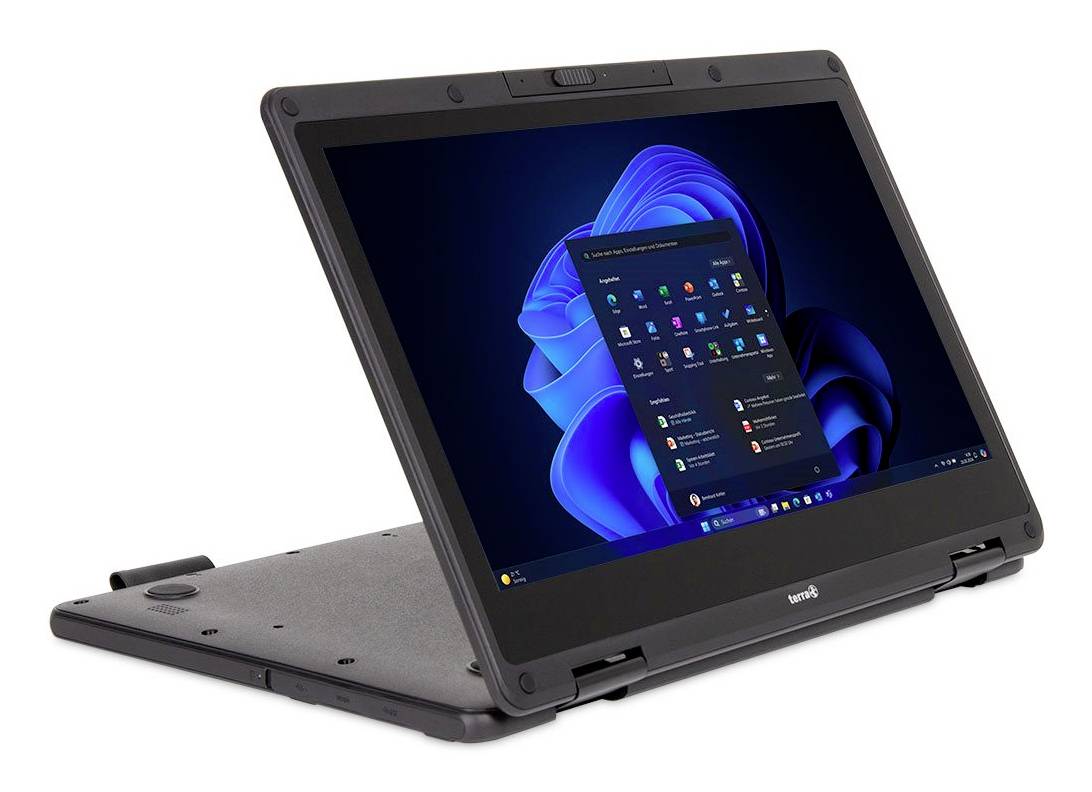 Ein Convertible-Laptop im Zeltmodus, der einen Windows-11-Desktop auf einem schwarzen Bildschirm anzeigt.