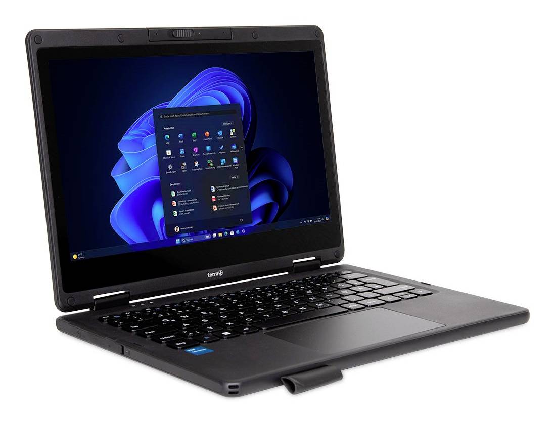 Ein schwarzer Laptop, der in einem Winkel geöffnet ist und den Windows-11-Desktop sowie das Startmenü auf dem Bildschirm anzeigt.