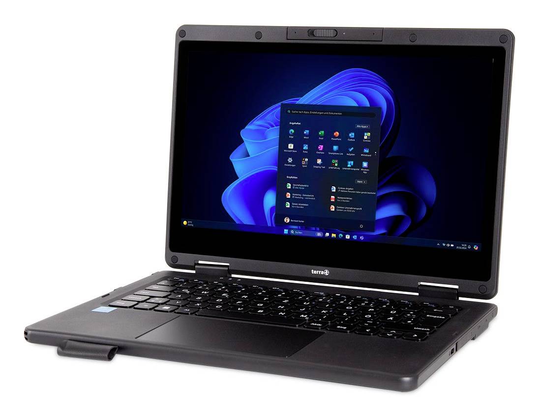 Schwarzer Laptop, offen auf weißem Hintergrund dargestellt, mit Windows 11-Desktopoberfläche auf dem Bildschirm sichtbar.