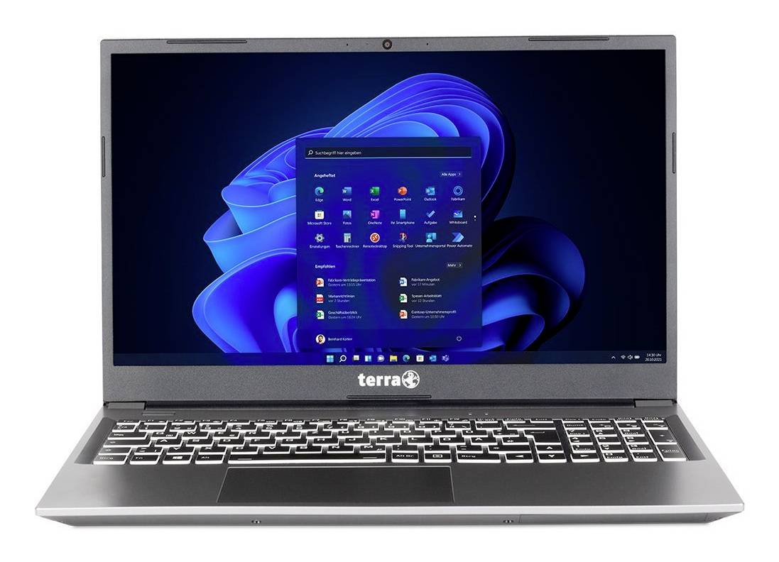 Silver Terra Laptop offen auf weißem Hintergrund, zeigt Windows 11 Desktop und Startmenü auf dem Bildschirm.