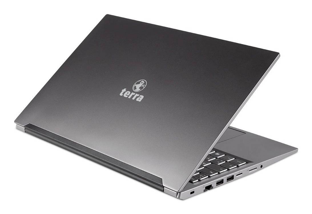 Geschlossener grauer Terra-Laptop, in einem Winkel gezeigt, mit teilweise sichtbarer Tastatur und Seitenports.
