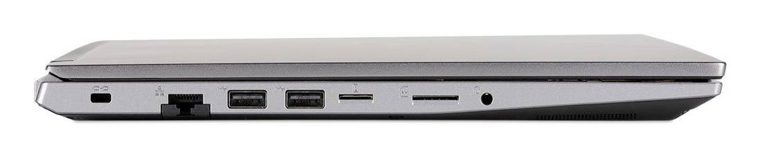 Seitenansicht eines geschlossenen silbernen Laptops, das seine Front und die Anschlüsse an der linken Kante zeigt, einschließlich USB-Anschlüsse, eines Kartensteckplatzes und einer Audiobuchse.