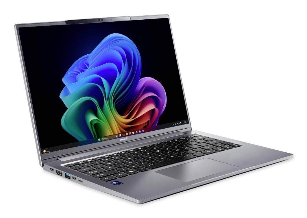 Silberner Laptop, der in einem Winkel offen angezeigt wird, mit einem bunten abstrakten Windows-ähnlichen Hintergrundbild auf dem Bildschirm.