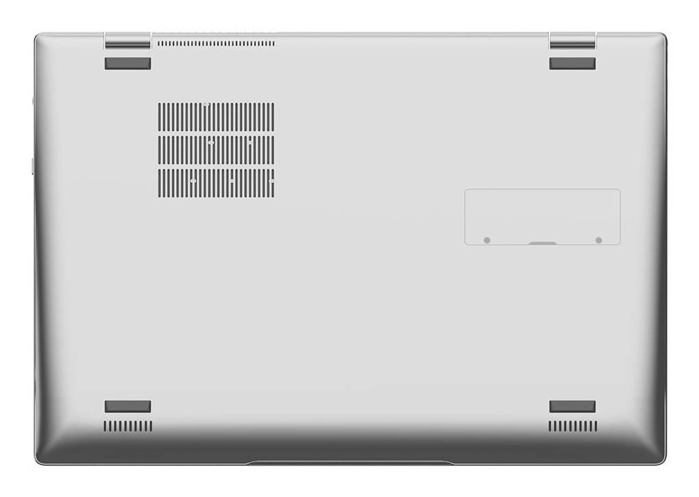 Unteransicht eines silbernen Laptops mit Lüftungsgittern, Gummifüßen und einer abnehmbaren Zugangsblende.