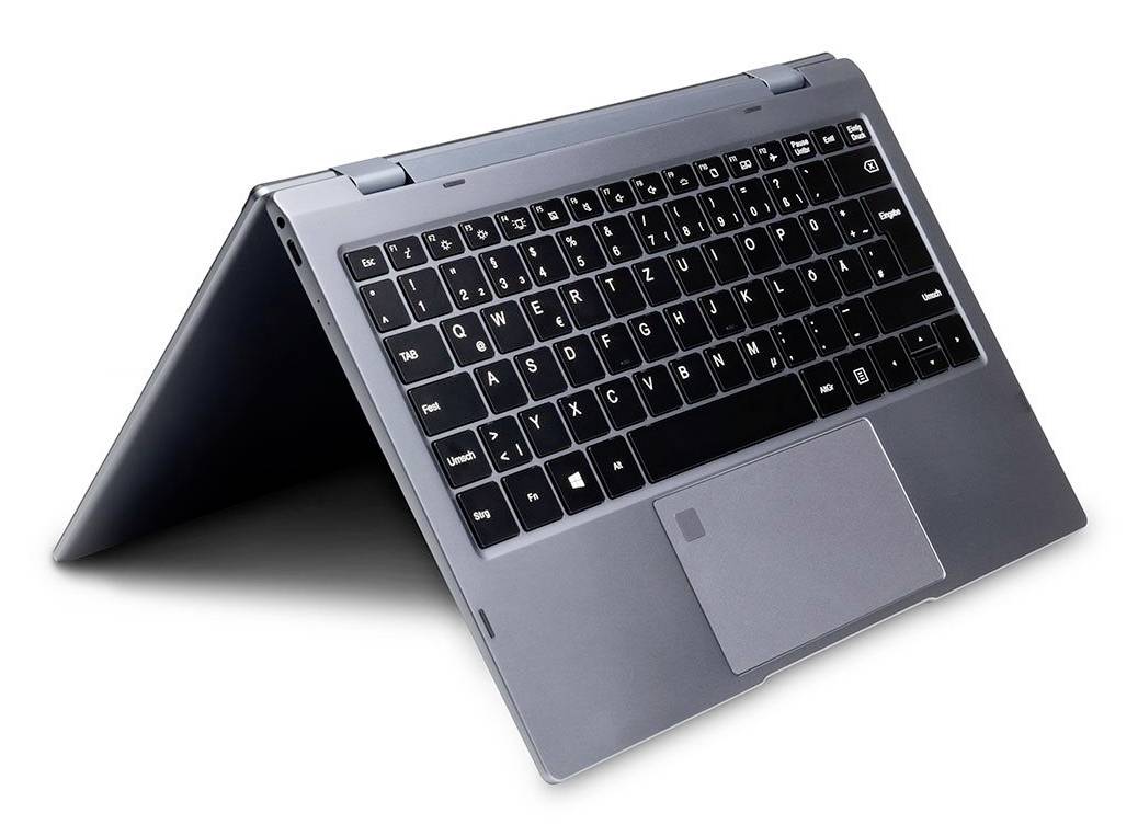Grauer Laptop im Zeltmodus mit beleuchteter Tastatur und großem Touchpad auf weißem Hintergrund.