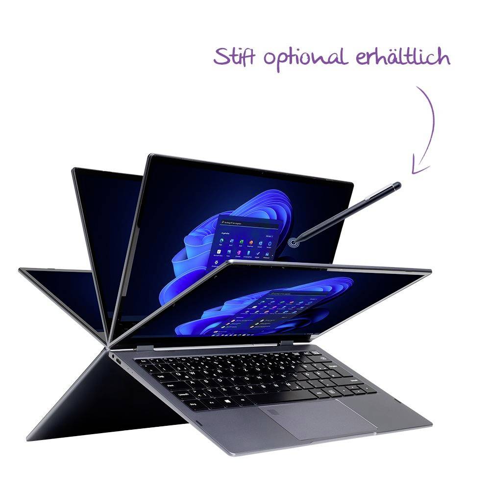 Laptop mit mehreren ausklappbaren Bildschirmen in zeltähnlichen Positionen gezeigt, mit einem Stift mit der Bezeichnung „Stift optional erhältlich", der den verfügbaren optionalen Stift anzeigt.