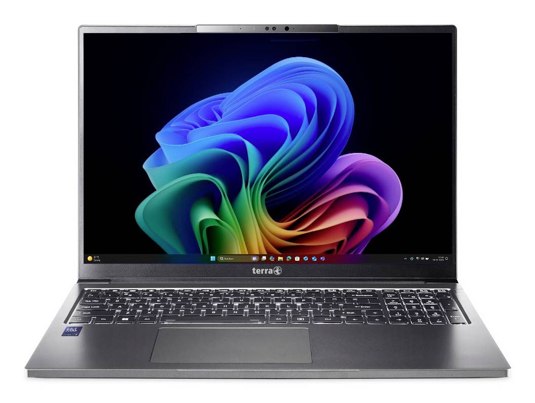 Offener Laptop mit buntem abstraktem Windows-ähnlichem Hintergrundbild auf schwarzem Bildschirm.