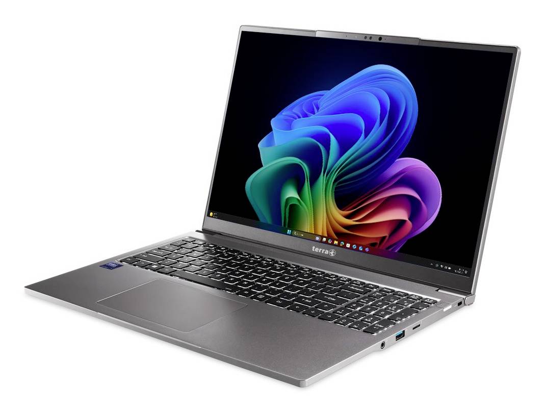Silberner Laptop im angewinkelten Zustand auf weißem Hintergrund, wobei auf dem Bildschirm ein buntes Windows-ähnliches abstraktes Hintergrundbild angezeigt wird.