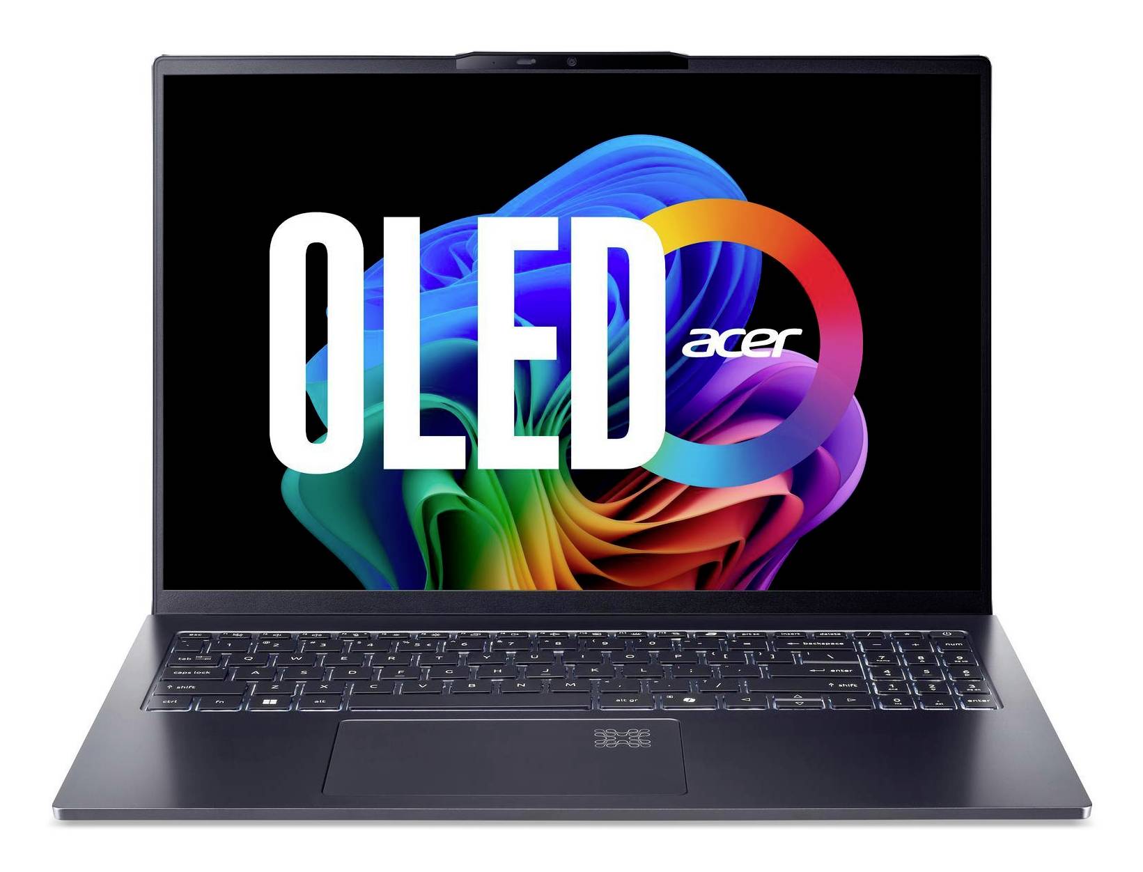 Acer-Laptop mit OLED-Display, auf dem das Wort „OLED