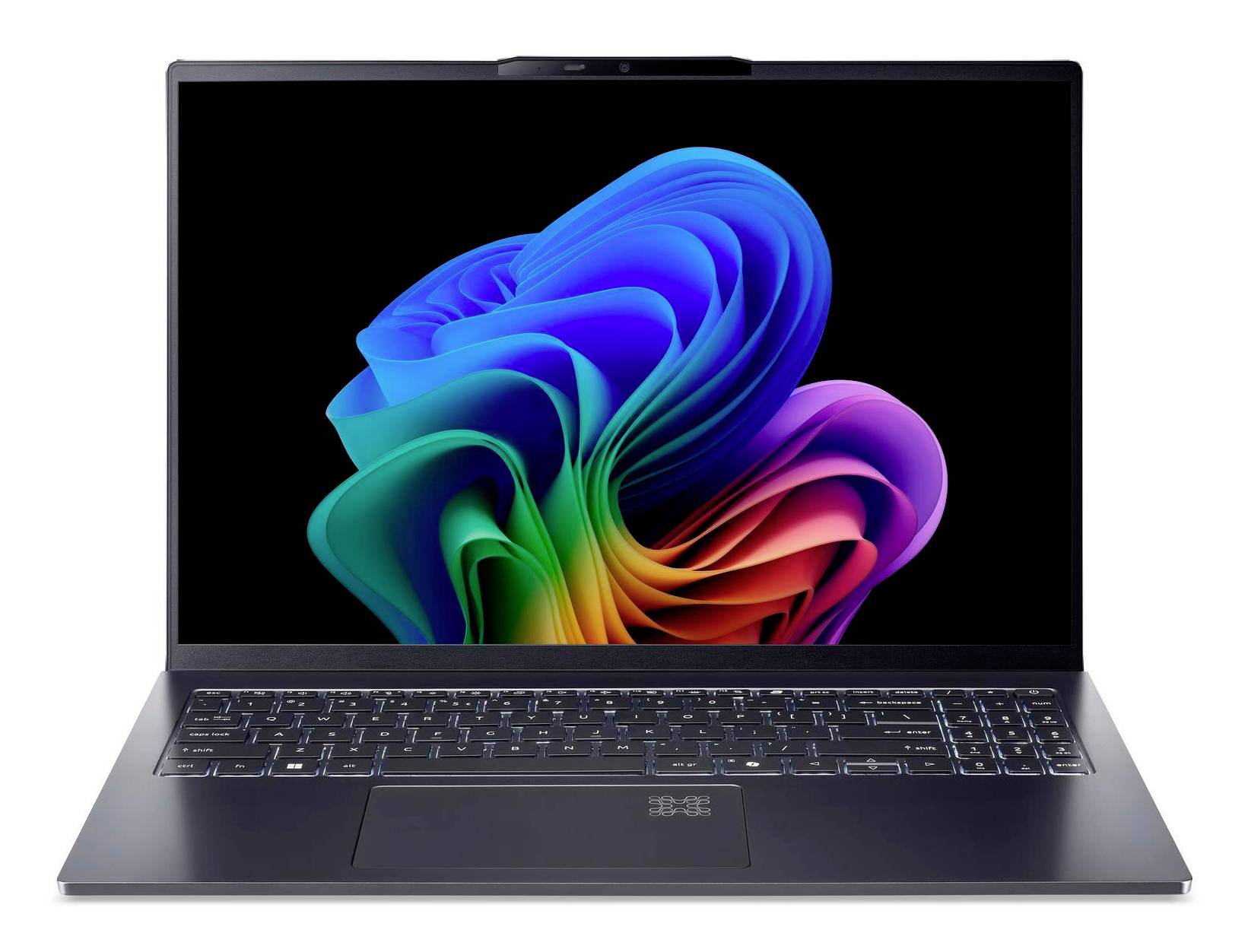 Offener Laptop mit schwarzem Bildschirm, auf dem eine farbenfrohe abstrakte Tapete auf einer dunklen Tastatur und einem Trackpad angezeigt wird.