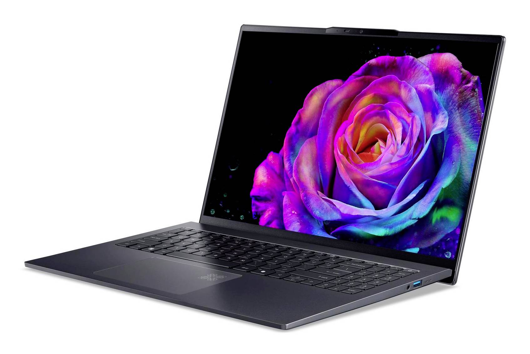 Offener Laptop mit einer lebhaften, mehrfarbigen Rose auf dem Bildschirm, angezeigt vor weißem Hintergrund.