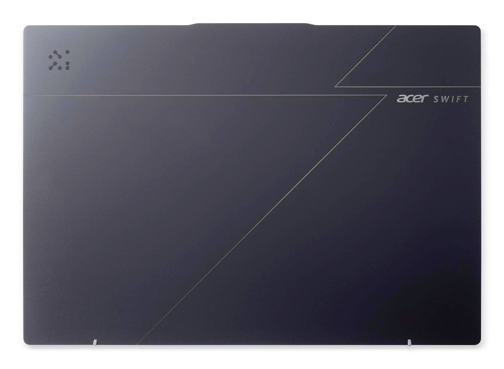 Geschlossener dunkler Laptop mit Acer Swift Branding und diagonalen Linienakzenten auf grauem Hintergrund.