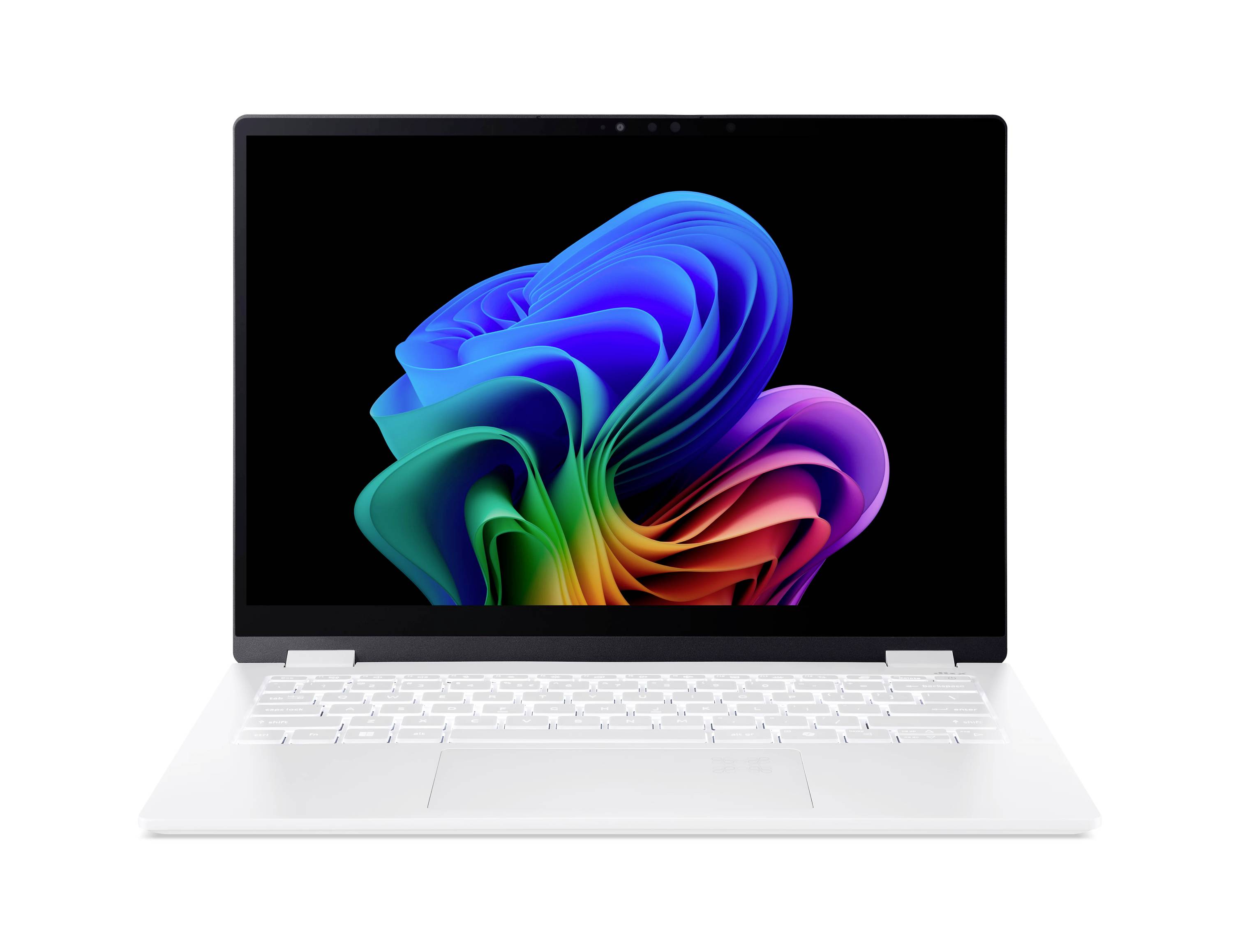 Weißer Laptop mit schwarzem Bildschirm, auf dem ein farbenfrohe abstrakte Wirbel-Hintergrund auf einem schlichten weißen Hintergrund angezeigt wird.