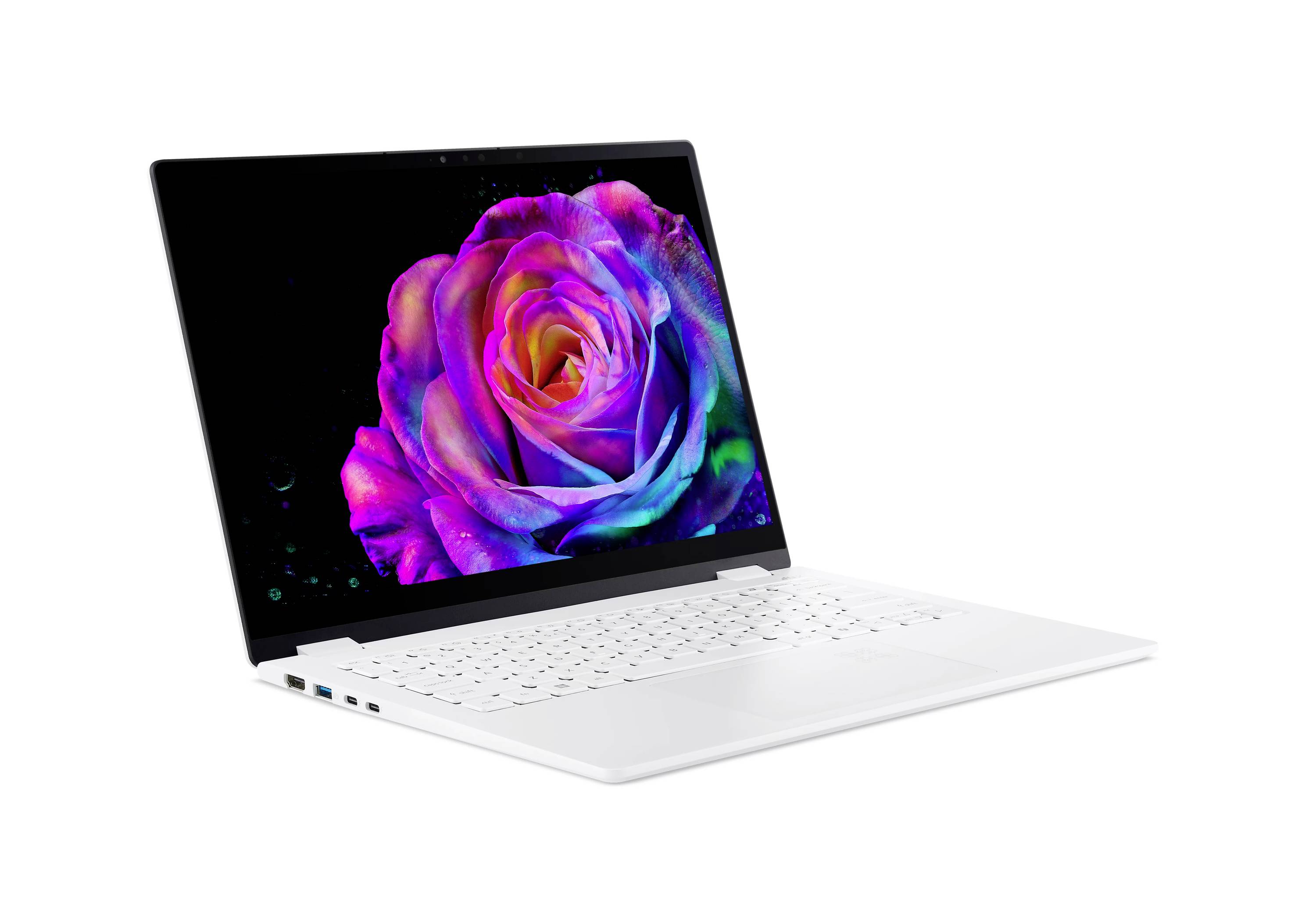 Weißer Laptop im nach links geneigten Winkel, offen mit schwarzem Bildschirm, auf dem eine lebendige purpur-rosa Rosengrafik angezeigt wird.