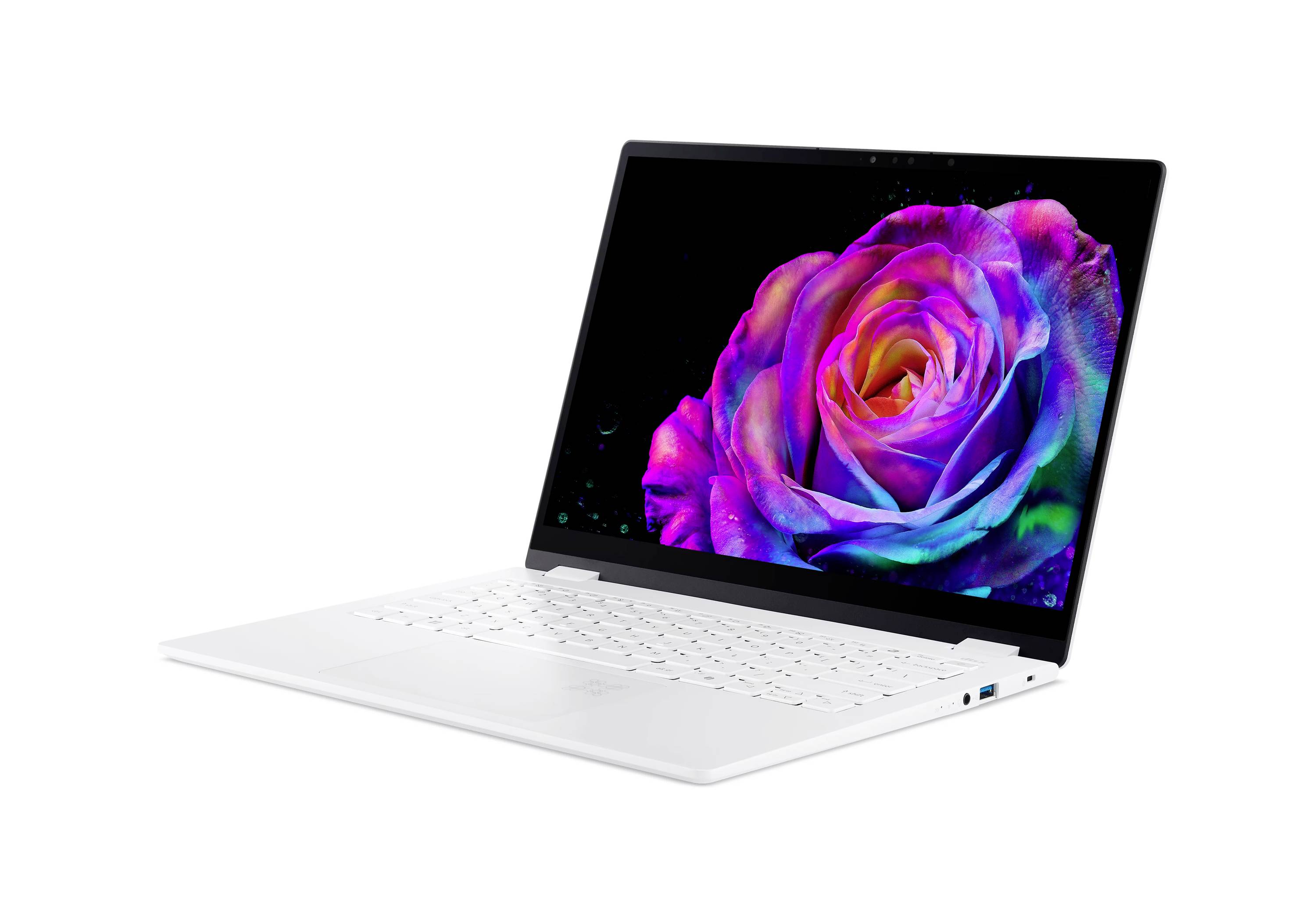 Weißer Laptop in einem Winkel geöffnet, auf dem bildschirm eine lebhafte violett und rosa Rose gegen weißen Hintergrund angezeigt wird.