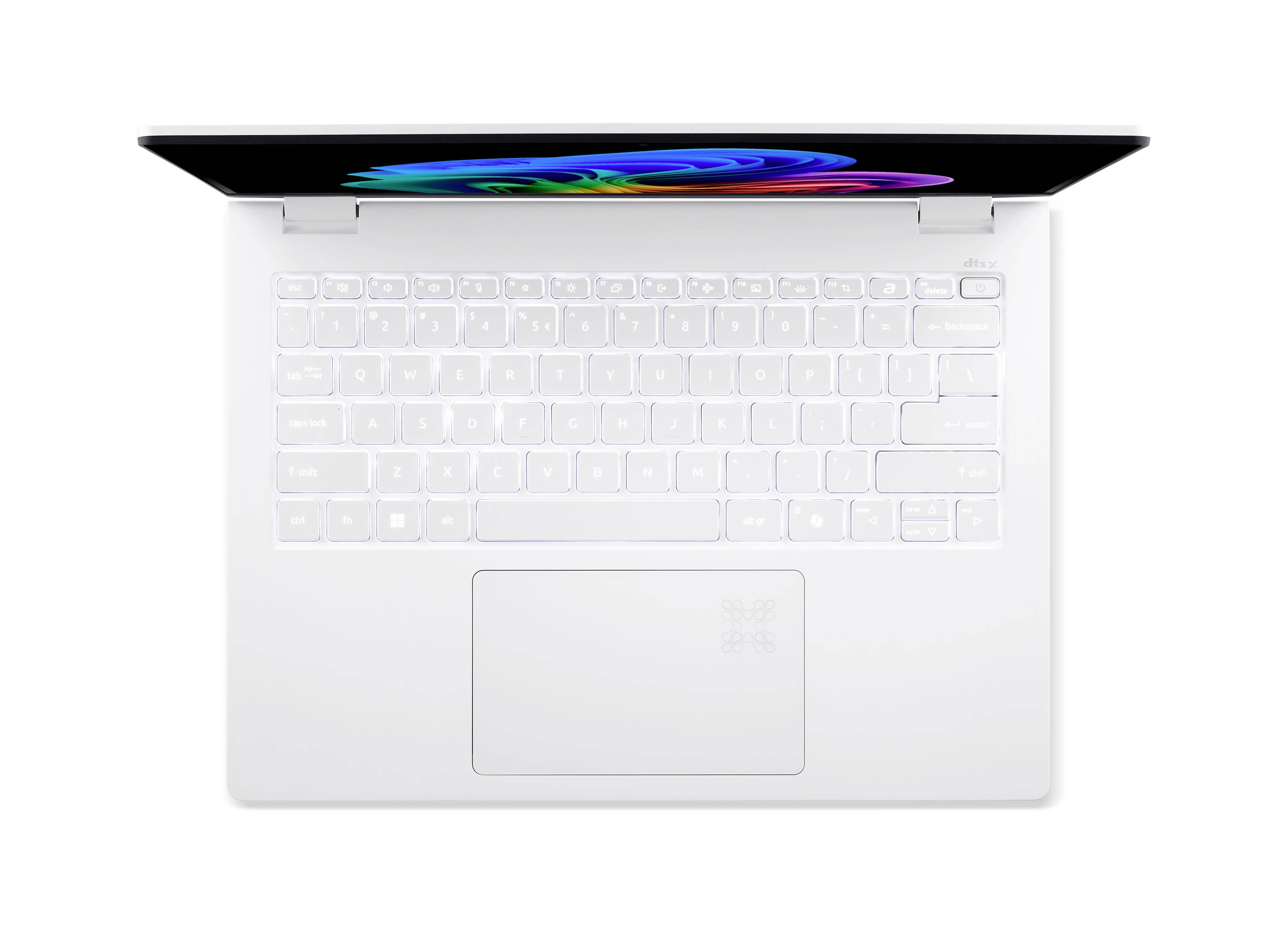 Draufsicht auf einen offenen weißen Laptop mit beleuchteter Tastatur und Trackpad, der einen farbenfrohen Bildschirm auf einem schlichten weißen Hintergrund zeigt.