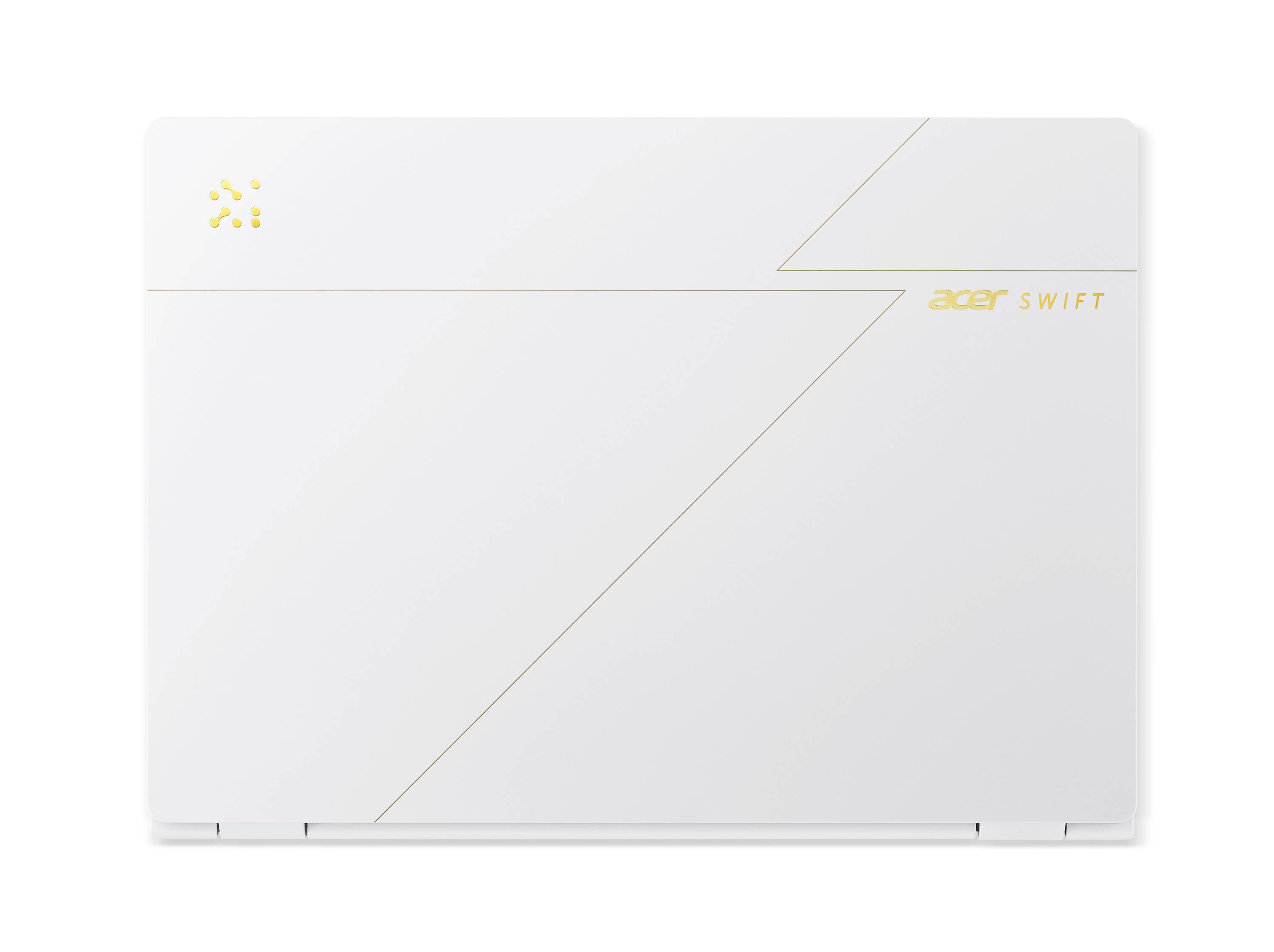 Weiße Acer Swift Laptop-Abdeckung mit dünnen diagonalen Goldlinien-Akzenten und "acer swift" Branding in der oberen rechten Ecke