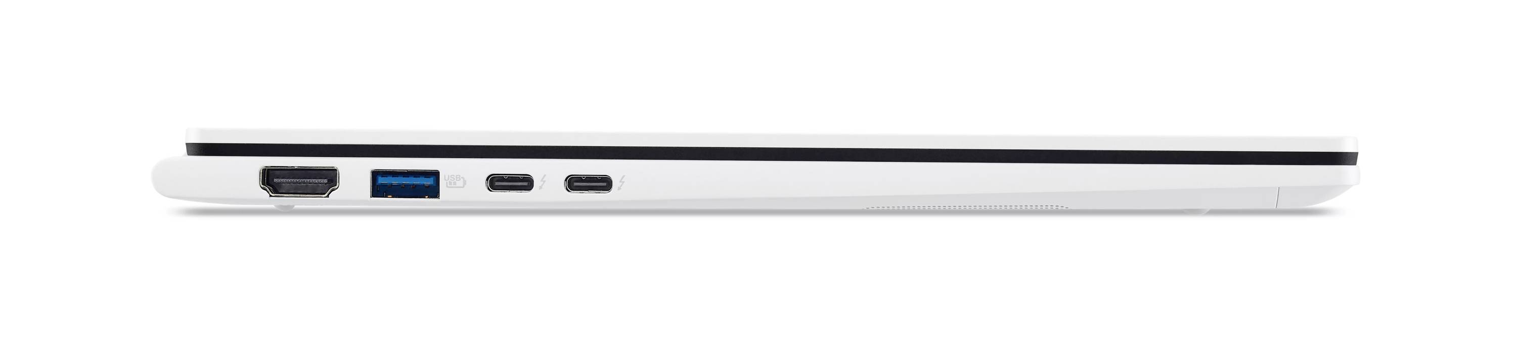 Seitenansicht eines schlanken silbernen Laptops, die Anschlüsse an der linken Kante zeigt, einschließlich HDMI, USB-A, USB-C und Audiobuchse.