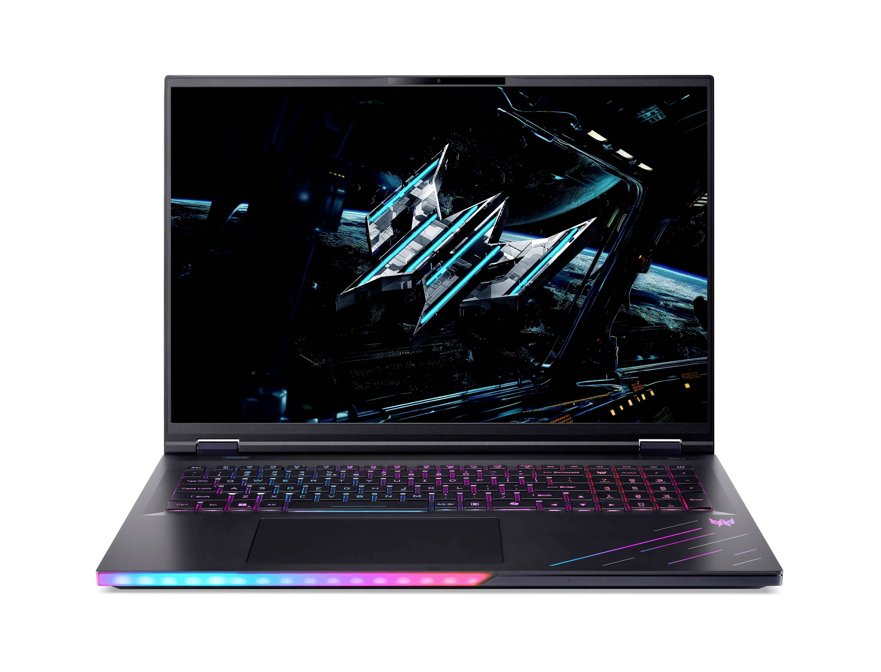 Gaming-Laptop mit RGB-beleuchteter Tastatur und futuristischer abstrakter Grafik auf dem Bildschirm, von vorne auf weißem Hintergrund dargestellt.