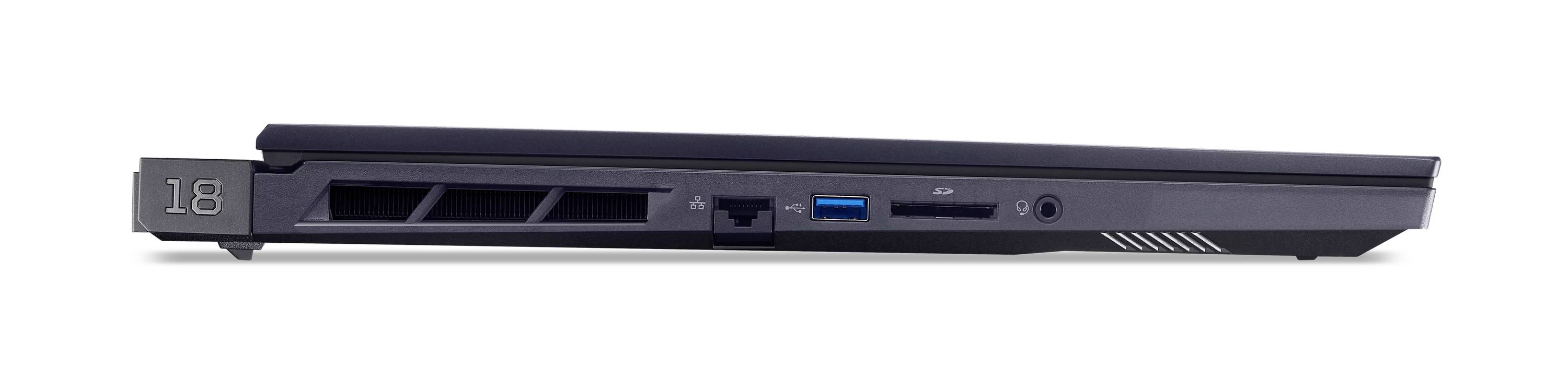 Seitenansicht eines schwarzen HP-Laptops, geschlossen und schlank, zeigt die vordere Kante mit Anzeigelampe, Anschlüsse und die Nummer 18 auf der linken Seite.