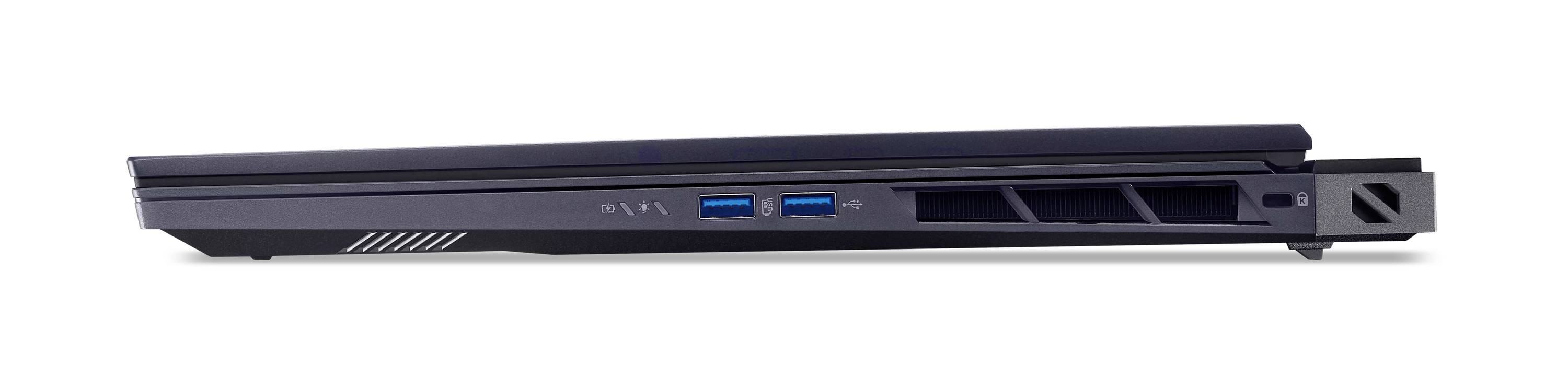 Seitenansicht eines schlanken schwarzen Laptops mit Blick auf die hintere Kante mit Anschlüssen und Lüftungsöffnungen.