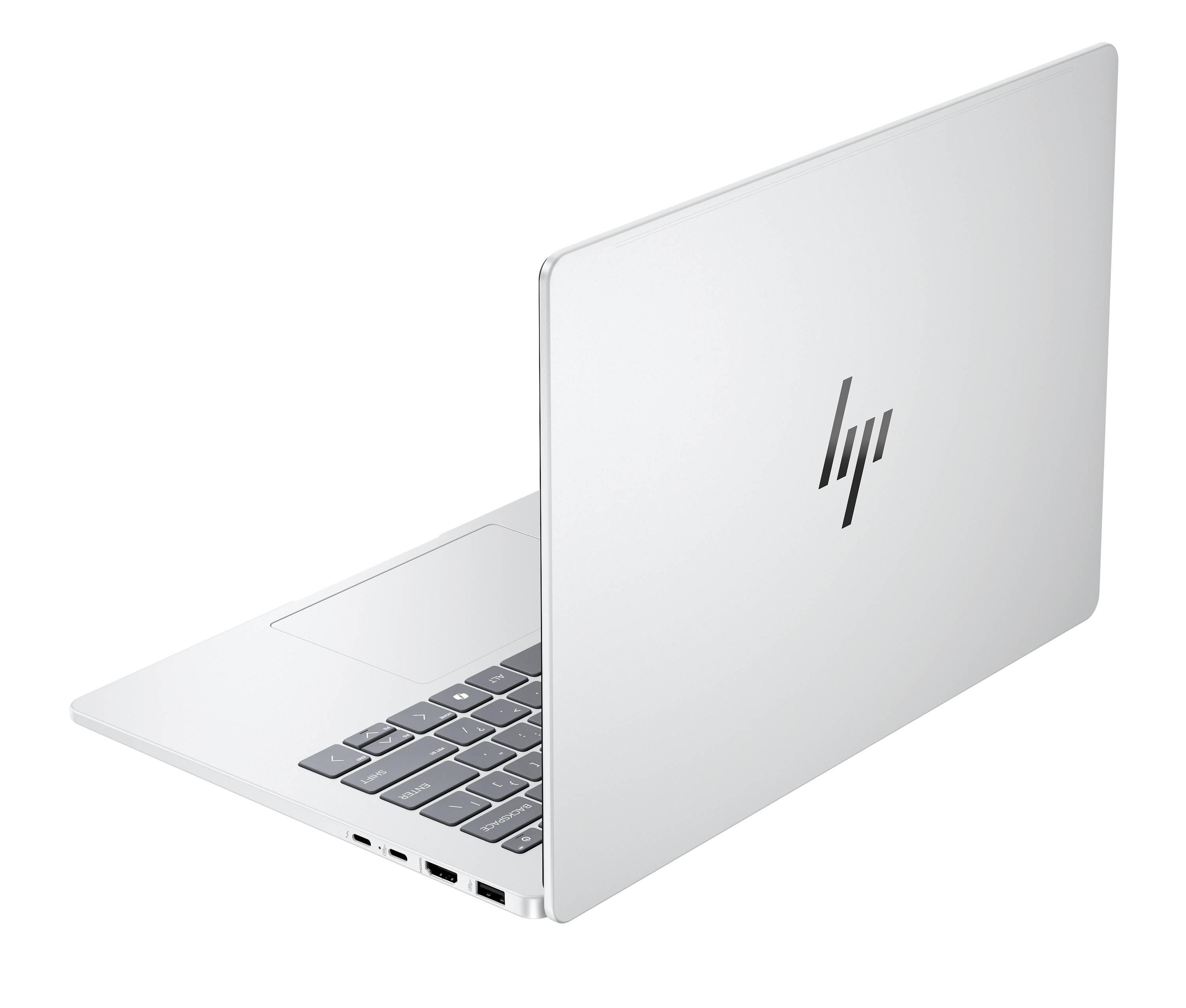 Offener silberner HP-Laptop, teilweise geschlossen, angewinkelt, um die Tastatur und das HP-Logo auf der Rückseite des Bildschirms zu zeigen.