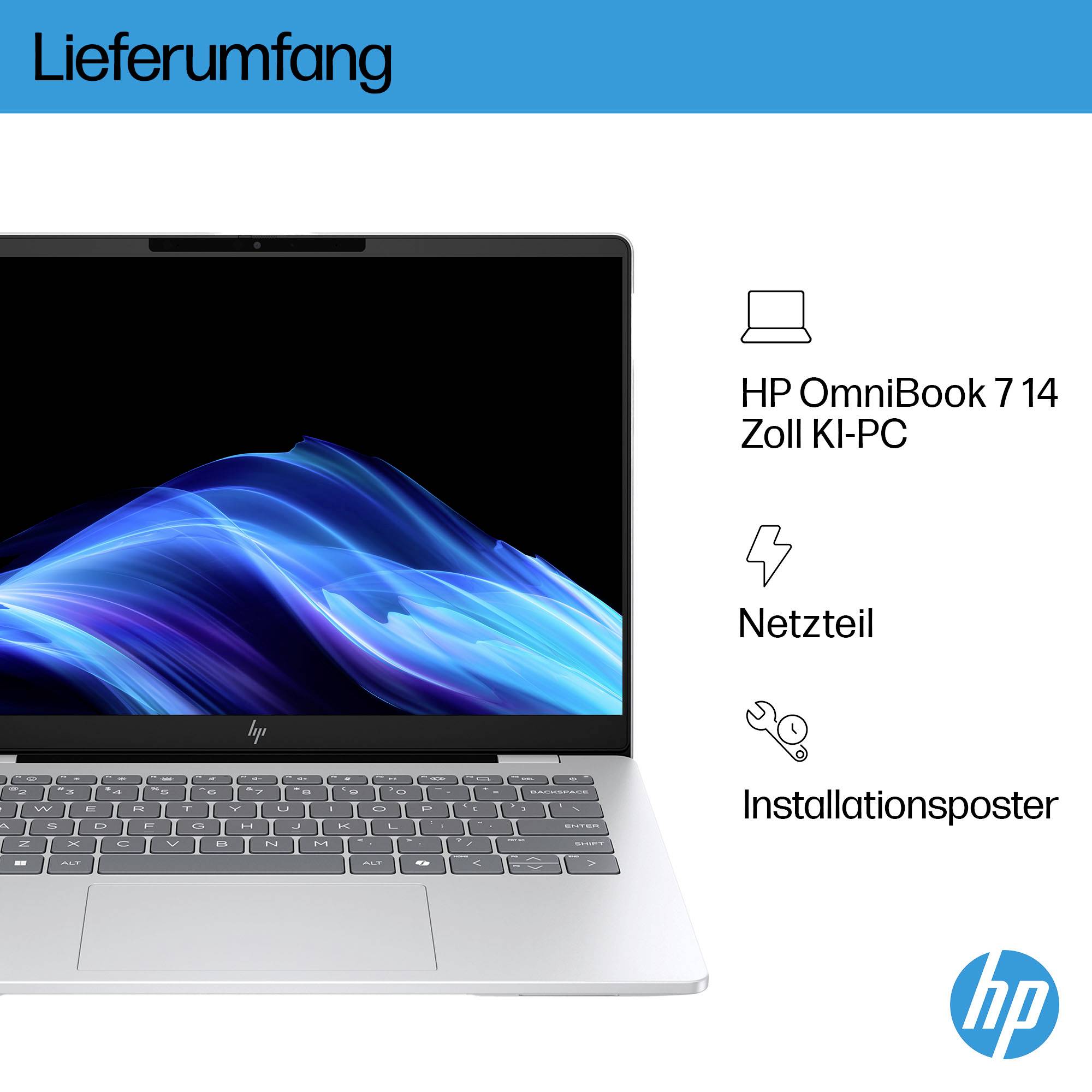 HP OmniBook 7 14 Zoll KI-PC mit mitgeliefertem Netzteil und Installationsplakat unter der Überschrift „Lieferumfang" dargestellt.