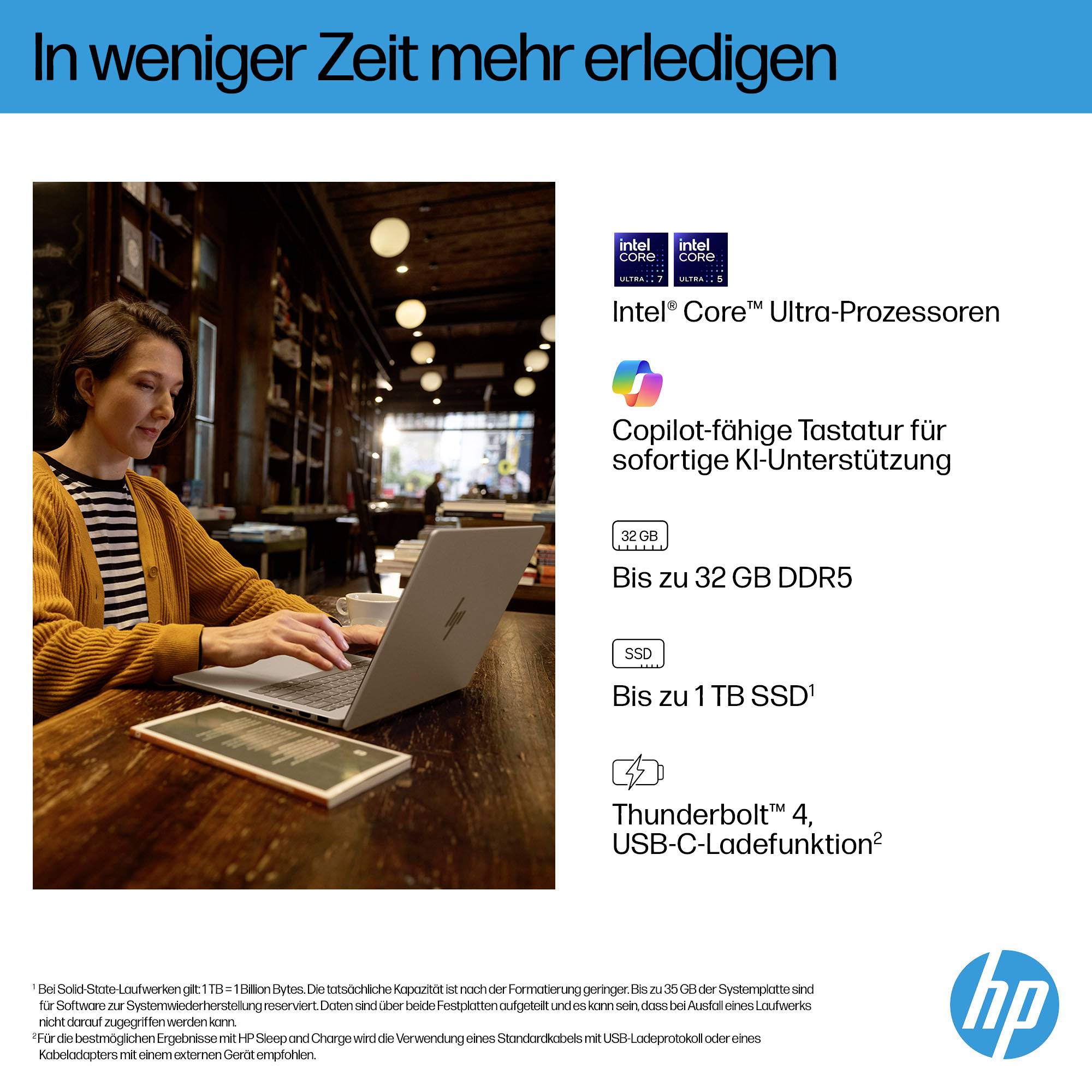 HP Notebook 35.6cm (14 Zoll) 2K Intel® Core™ Ultra 7 255U 16GB RAM 512GB SSD Deutsch, QWERTZ Intel Intel-Grafik Silber BZ8D7EA