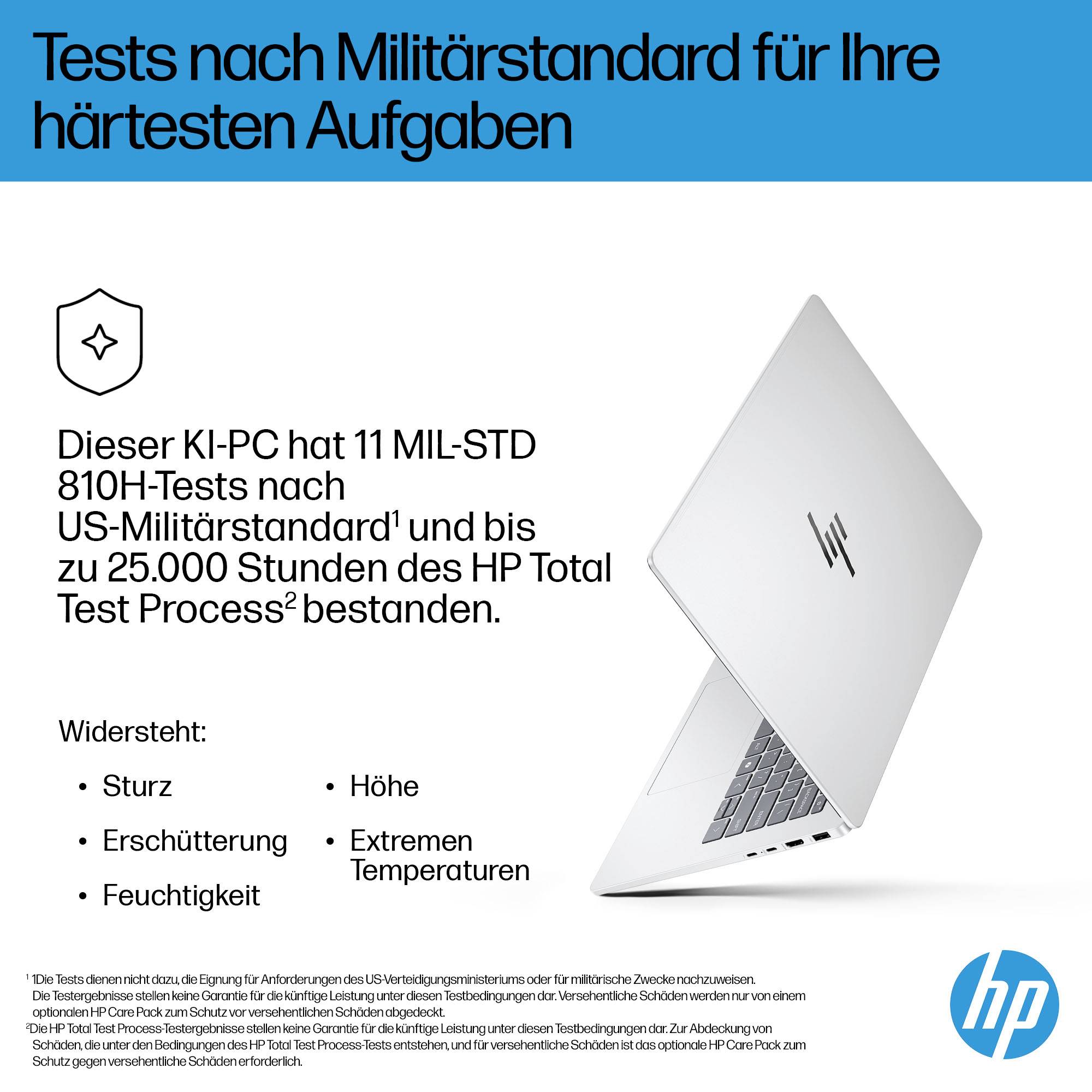 HP bewirbt einen KI-PC, der nach US-Militärstandards getestet wurde, mit 11 MIL-STD-810H-Tests und bis zu 25.000 Stunden HP Total Test Process Haltbarkeit gegen Stürze, Stöße, Feuchtigkeit, Höhe und extreme Temperaturen.