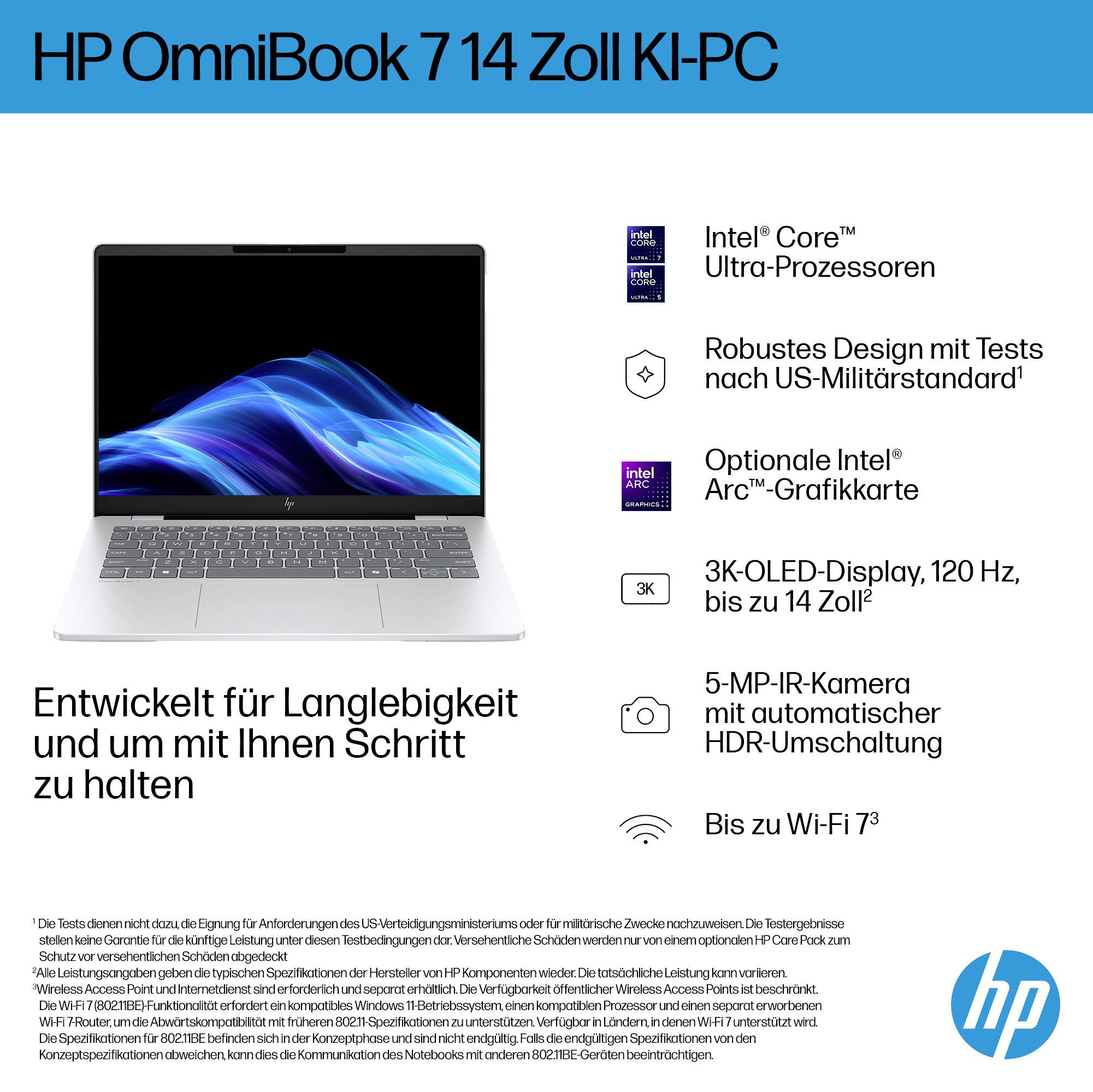 HP OmniBook 714 Zoll KI-PC-Anzeige mit einem Laptop und wichtigen Funktionen: Intel Core Ultra Prozessor, robustes militärisch getestetes Design, optionale Intel Arc Grafik, 3K OLED-Display, 5 MP IR-Kamera und Wi-Fi 7.