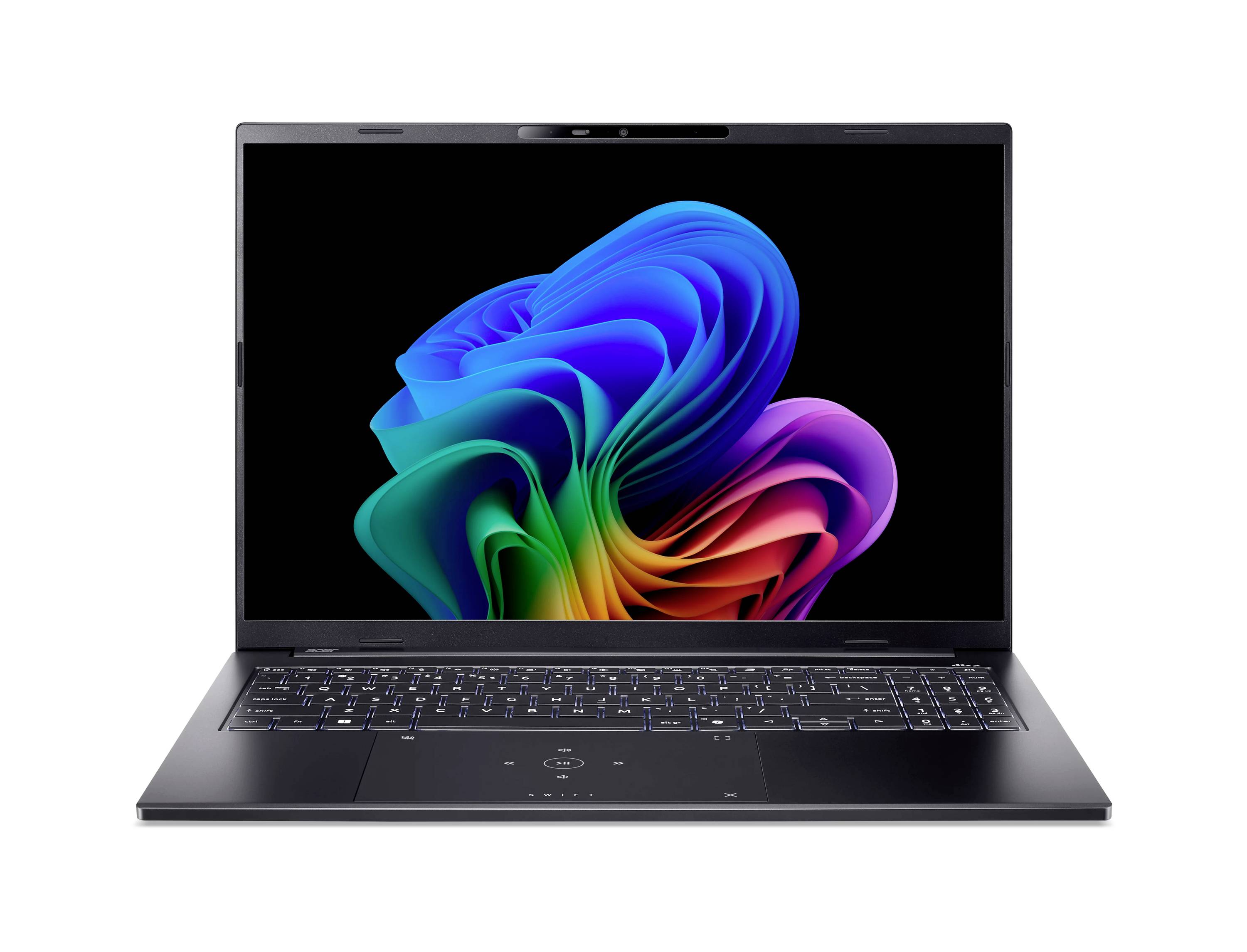 Schwarzer Laptop, offen und nach vorne gerichtet, mit einem farbenfrohen abstrakten Wirbel-Hintergrundbild auf dem Bildschirm.