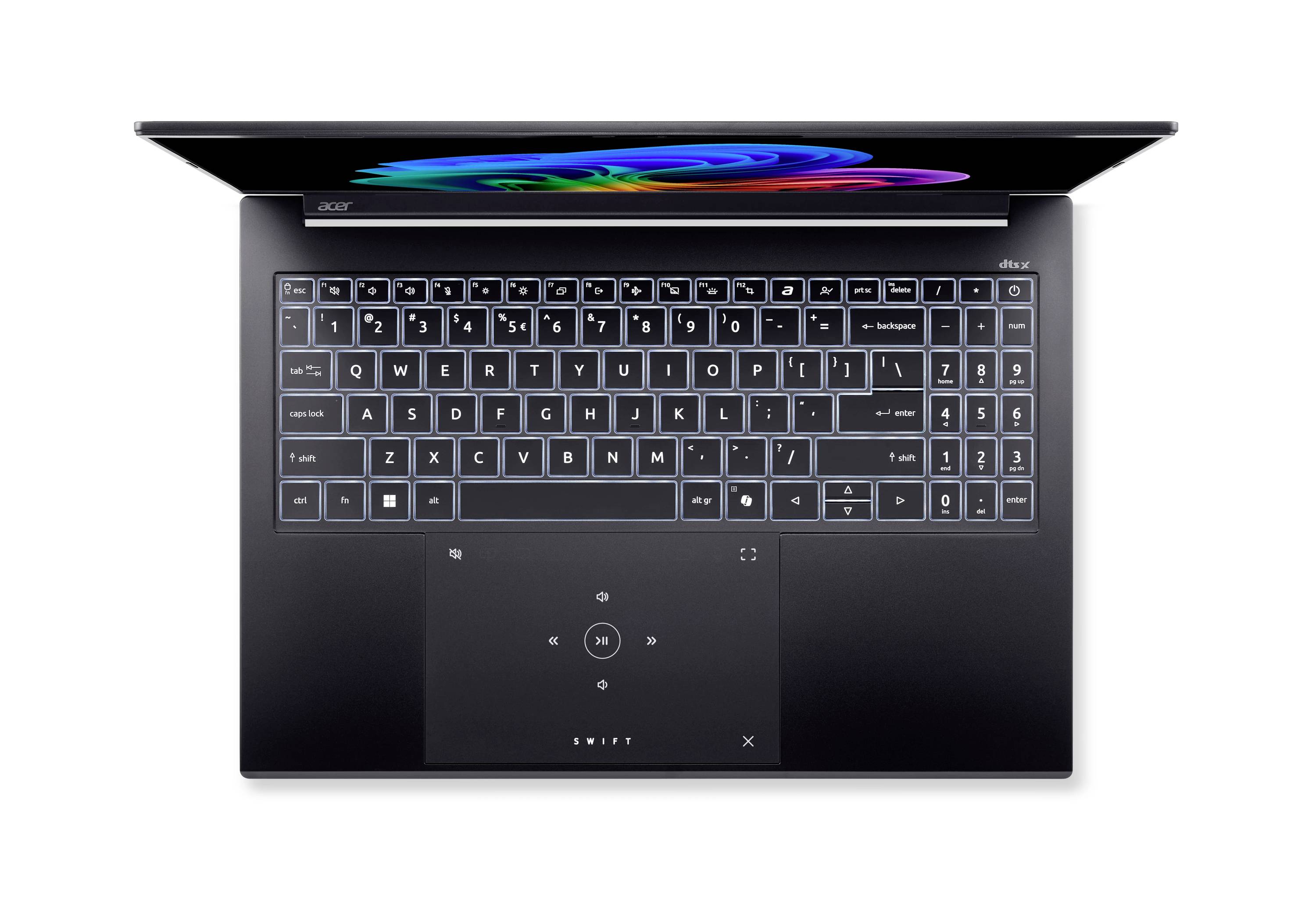 Draufsicht auf einen schwarzen Acer-Laptop mit leicht geöffnetem Bildschirm, der eine hintergrundbeleuchtete Tastatur, ein Ziffernblockfeld und ein großes Touchpad zeigt.