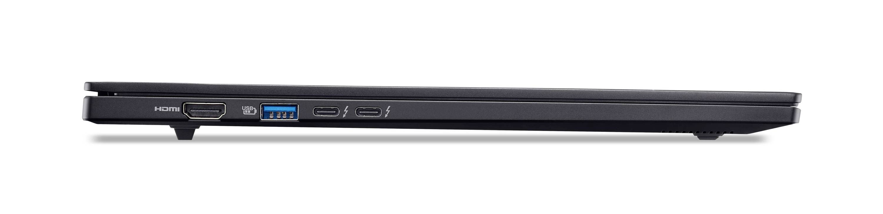 Seitenansicht eines geschlossenen schwarzen Laptops, flach zusammengeklappt vor weißem Hintergrund.