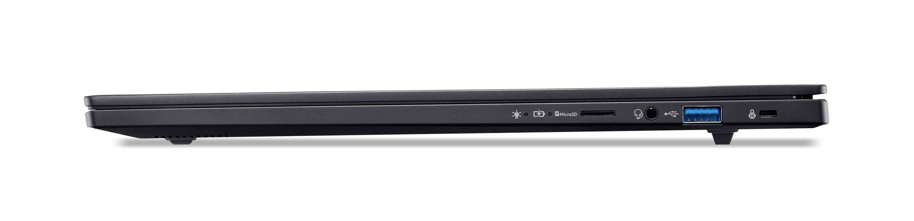 Seitenansicht eines schwarzen Laptops mit geschlossenem Deckel und seitlichen Anschlüssen, einschließlich eines blauen USB-Anschlusses.