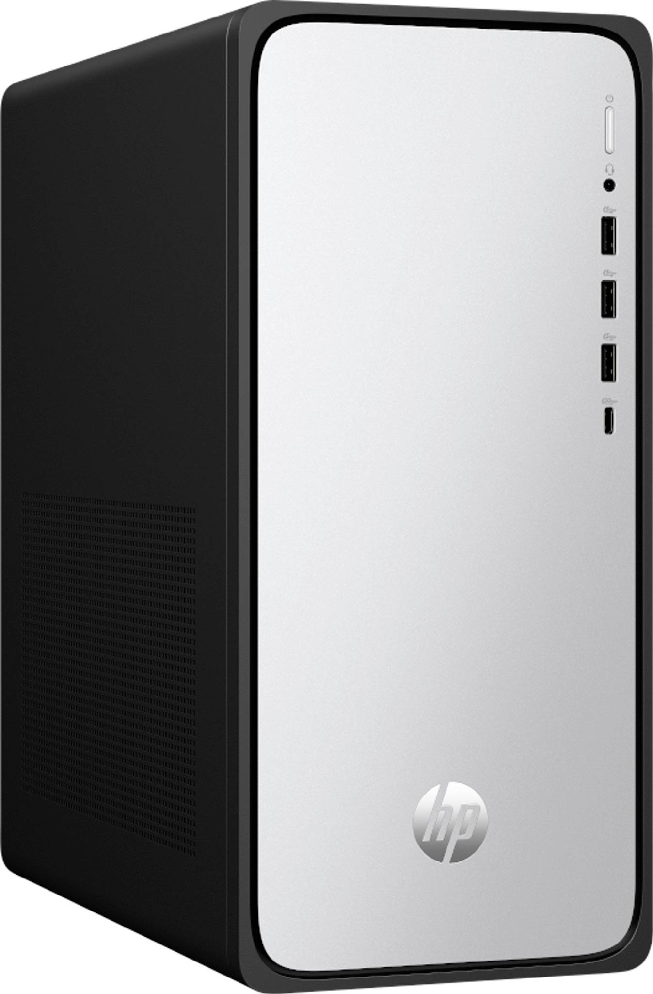 Vorder- und Seitenansicht eines schwarzen HP-Desktop-Computer-Towers mit silbernem Frontpanel und vorderen USB-Anschlüssen.