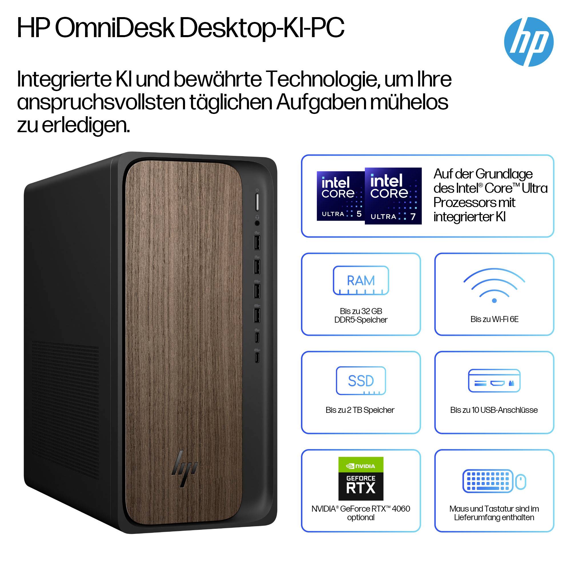 HP OmniDesk Desktop-KI-PC Anzeige mit einem Desktop-Tower und Funktionen: Intel Core Ultra mit integrierter KI, bis zu 32 GB RAM, bis zu 2 TB SSD, Wi‑Fi 6E, bis zu 10 USB-Anschlüsse, optionale RTX 4060, Tastatur und Maus inbegriffen.