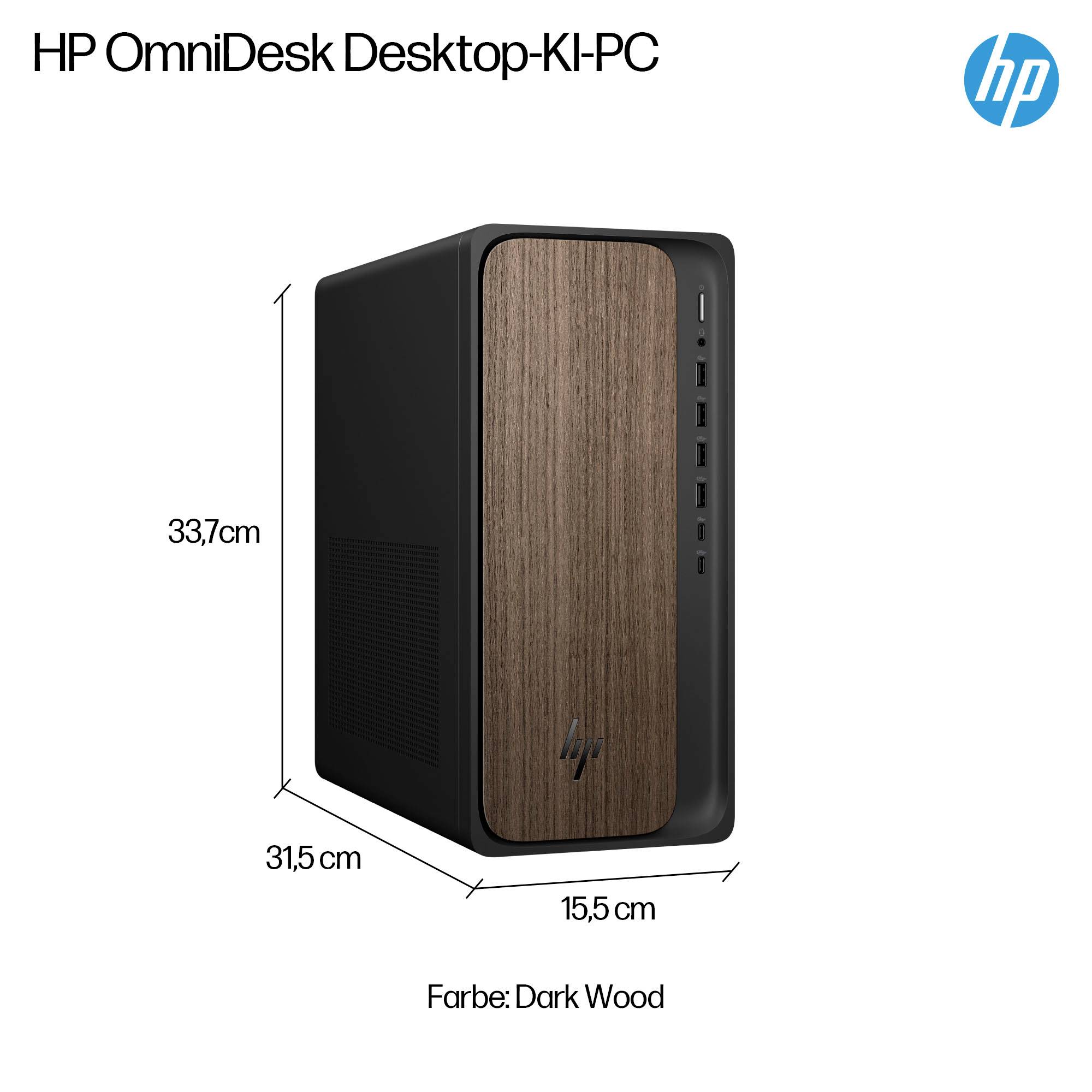 HP OmniDesk Desktop-KI-PC Tower in Dunkelholz, mit Abmessungen von 33,7 cm Höhe, 31,5 cm Tiefe und 15,5 cm Breite