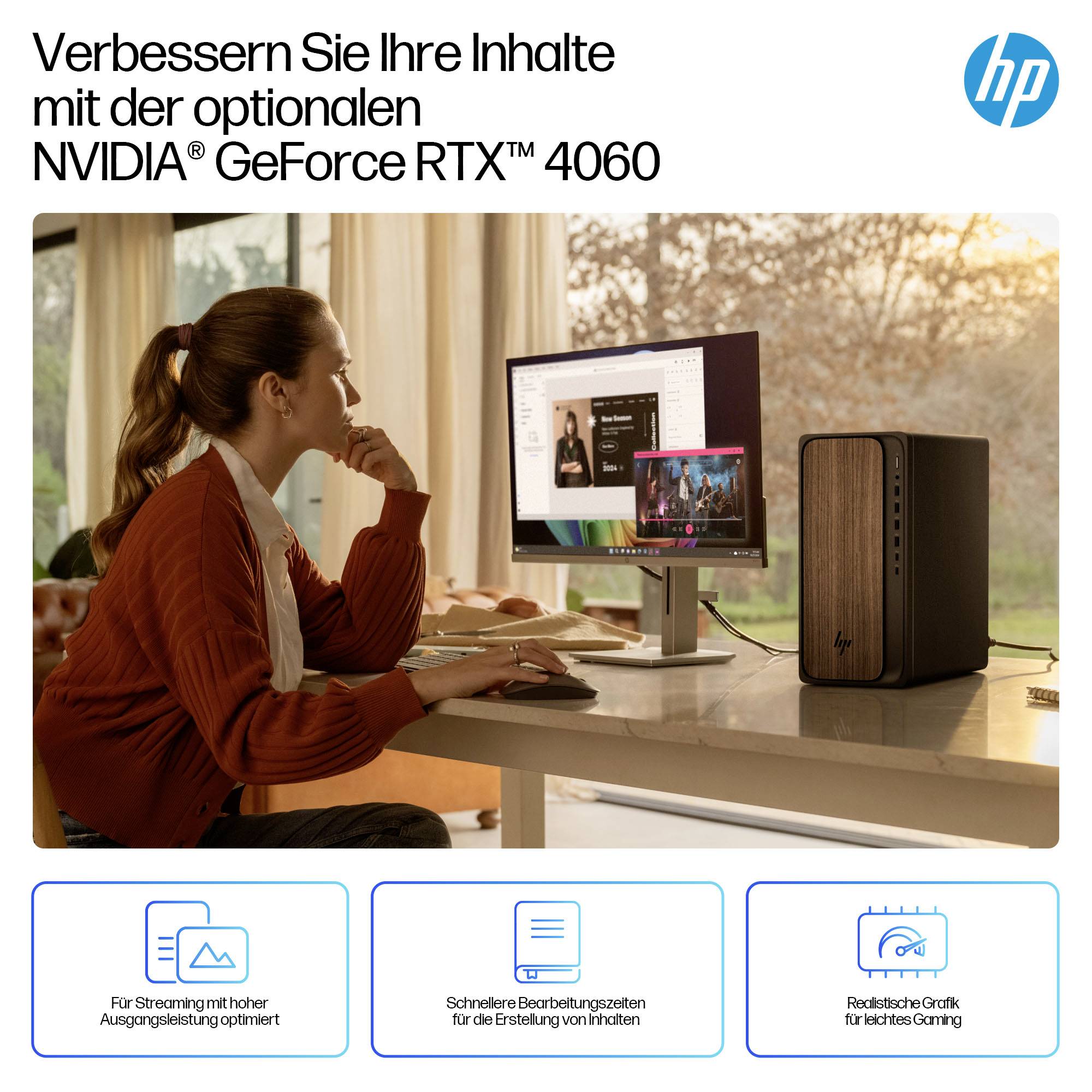 # HP Produktbild mit Frau an Desktop-PC mit NVIDIA GeForce RTX 4060; deutscher Text bewirbt bessere Inhaltserstellung, schnellere Verarbeitung und realistische Grafiken.