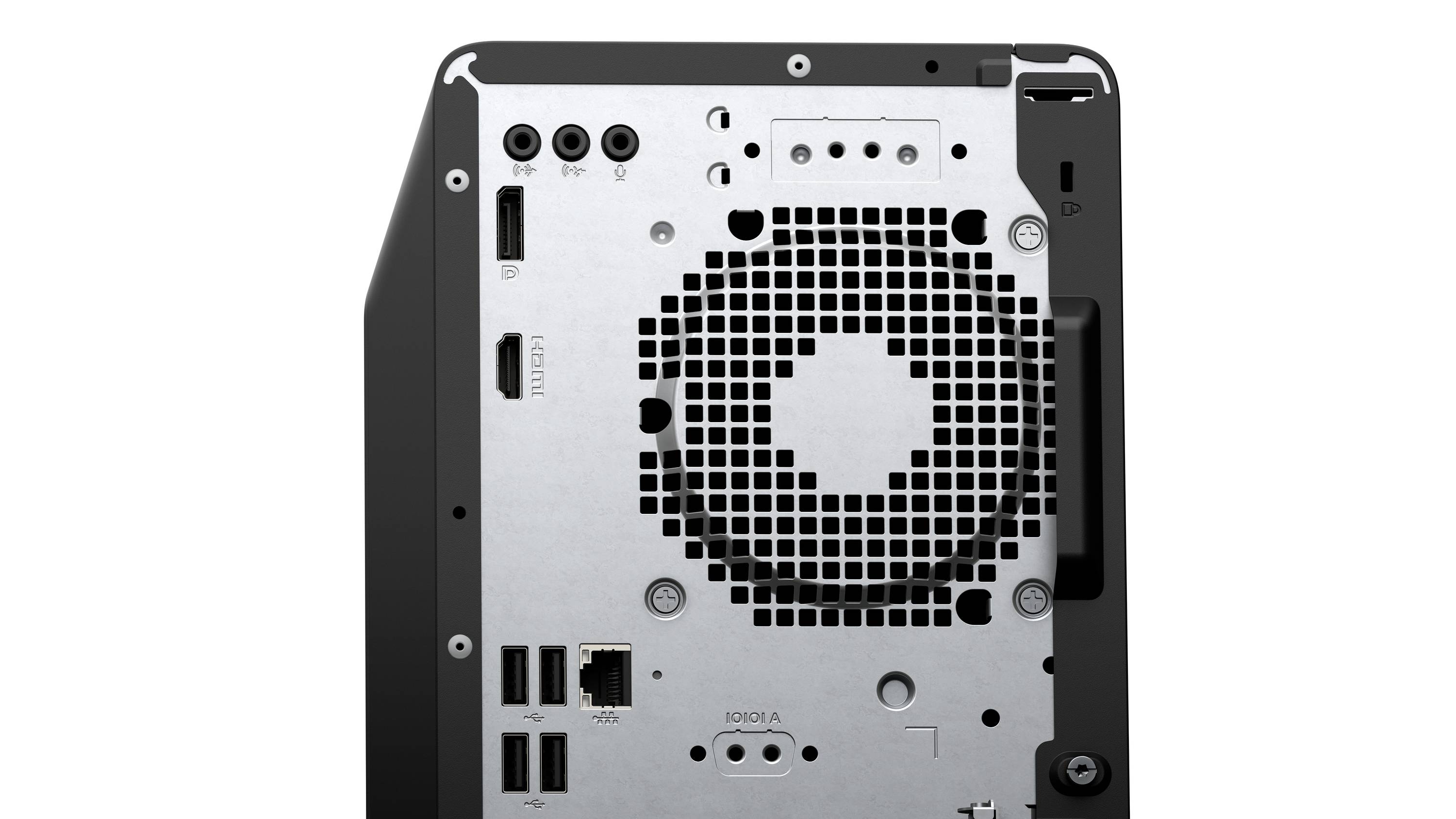 Rückansicht eines Desktop-Computer-Towers, die ein Belüftungsgitter, hintere Anschlüsse und einen Erweiterungssteckplatzbereich zeigt.