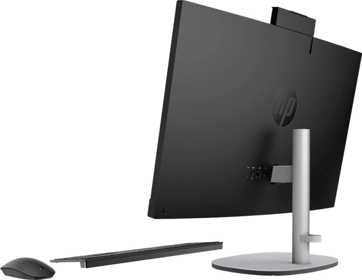 Rückansicht eines HP All-in-One-Desktops auf einem Ständer, mit einer kabellosen Maus und Tastatur darunter dargestellt.