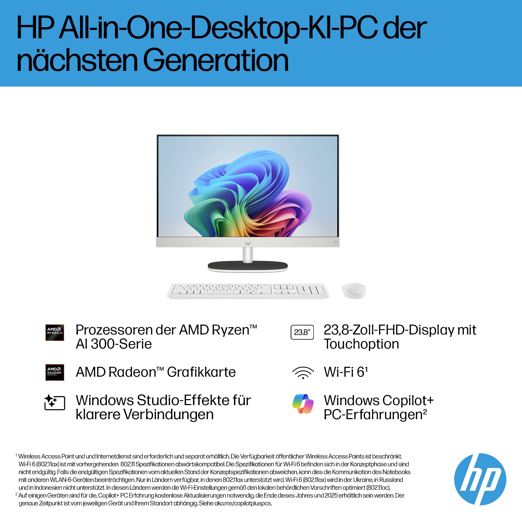 HP All-in-One Desktop-PC mit einem Monitor, einer Tastatur und einer Maus mit Funktionen der nächsten Generation: AMD Ryzen AI 300, AMD Radeon, 23,8-Zoll-Touch-Display, Wi‑Fi 6, Windows Copilot+ PC und Windows Studio-Effekte.