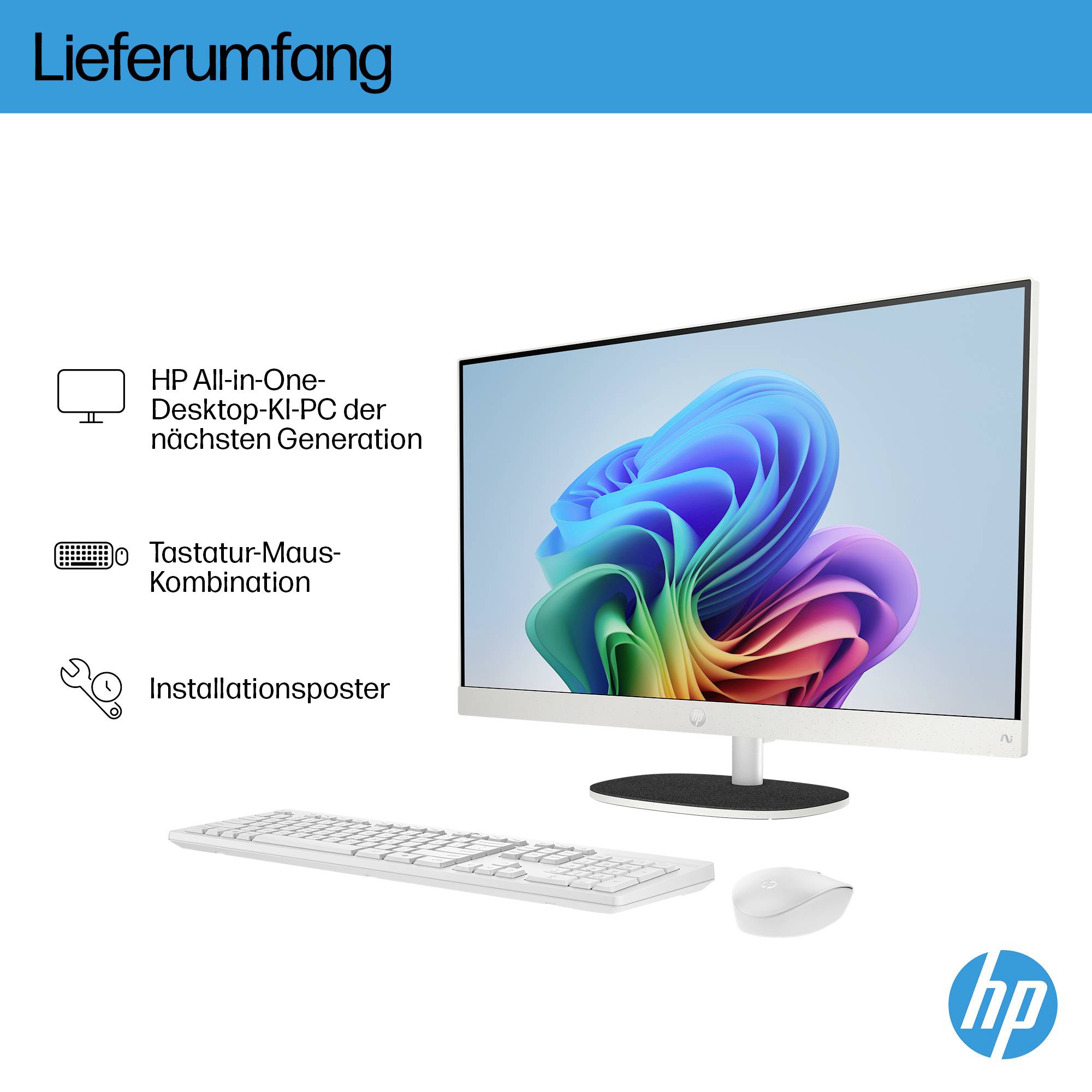 HP All-in-One-Desktop-KI-PC-Set beinhaltet Monitor, Tastatur-Maus-Kombination und Installationsplakat.
