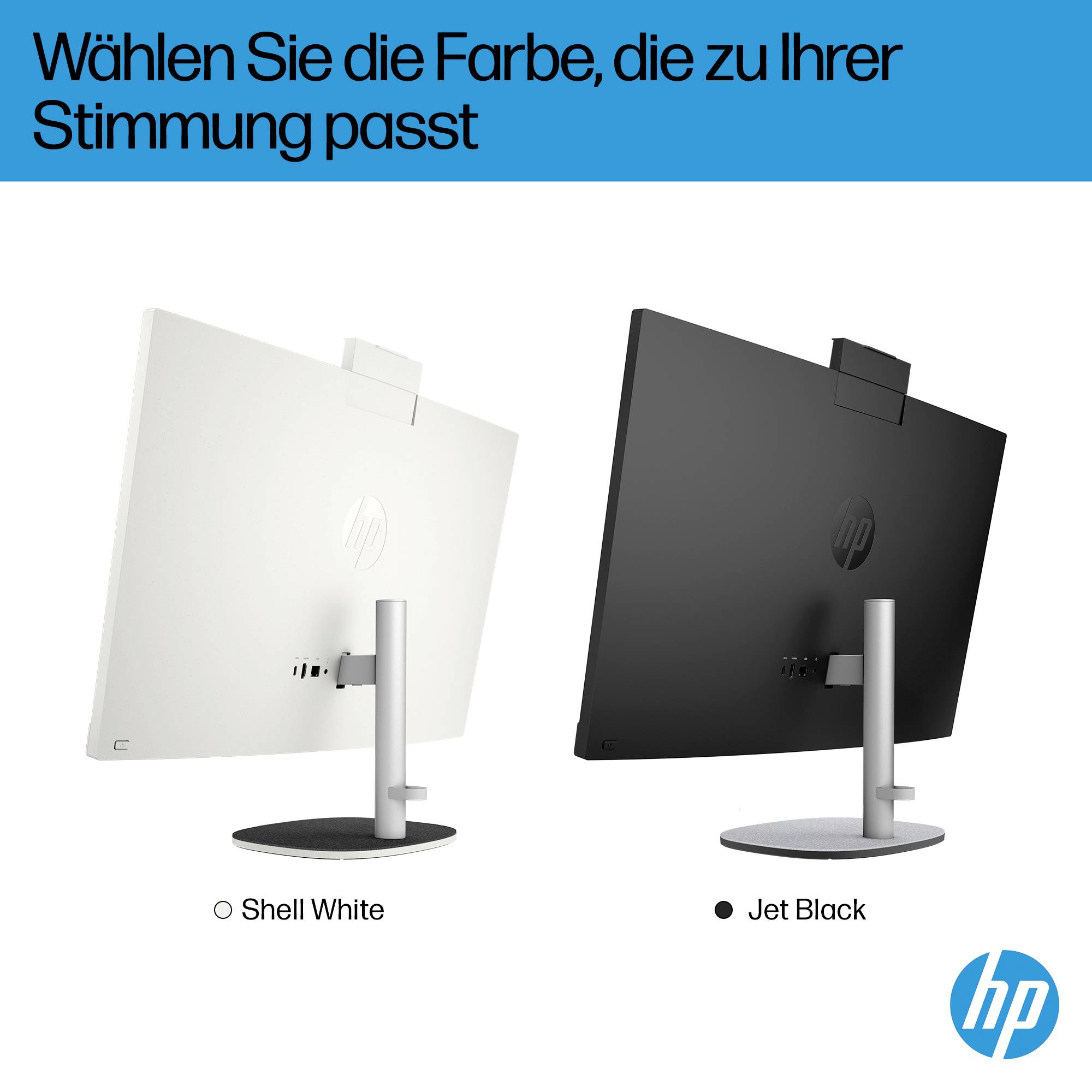 HP Monitor-Farboptionen mit deutschem Text „Wählen Sie die Farbe, die zu Ihrer Stimmung passt"; Shell White und Jet Black.