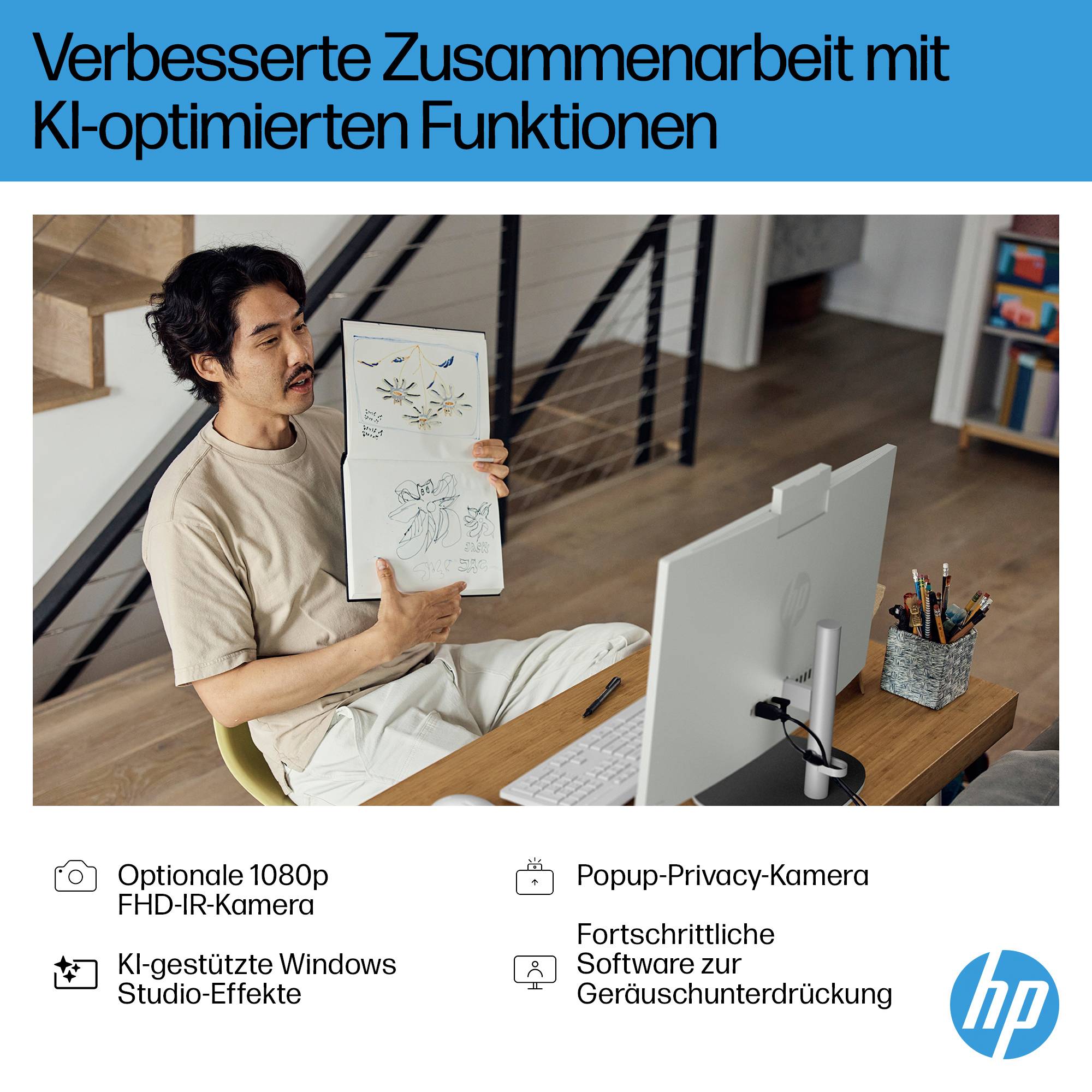 # HP Werbeanzeige mit einem Mann in einem Homeoffice, der über Videoanruf ein Bild hochhält; der Text hebt „Verbesserte Zusammenarbeit mit KI-optimierten Funktionen" hervor und zeigt Kamera-, Datenschutz- und Rauschunterdrückungsfunktionen.
