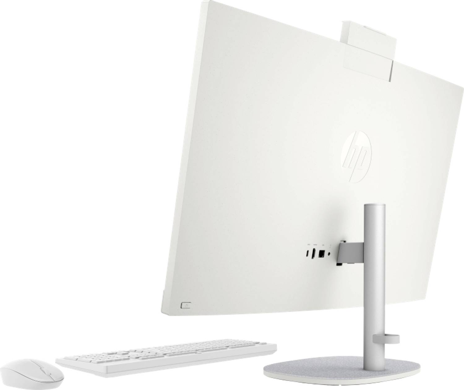 Rückansicht eines weißen HP All-in-One-Desktopcomputers mit Ständer, gezeigt mit Tastatur und Maus auf weißem Hintergrund.