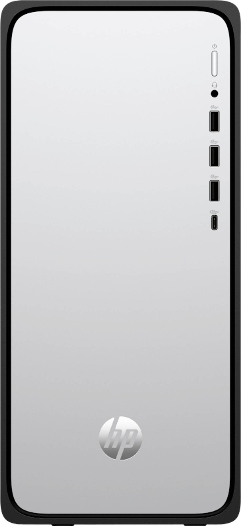 Vorderansicht eines HP-Desktop-Tower-Gehäuses, silber und schwarz, mit vorderen Ein-/Ausschalter- und USB-Anschlüssen entlang der rechten Kante.