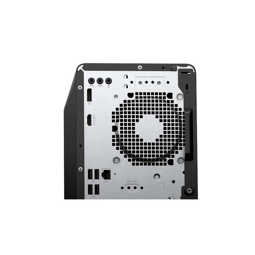 Rückseite eines kompakten Desktop-Computers mit Belüftungsgitter und mehreren Anschlüssen, einschließlich Audio-Buchsen, USB und Ethernet.