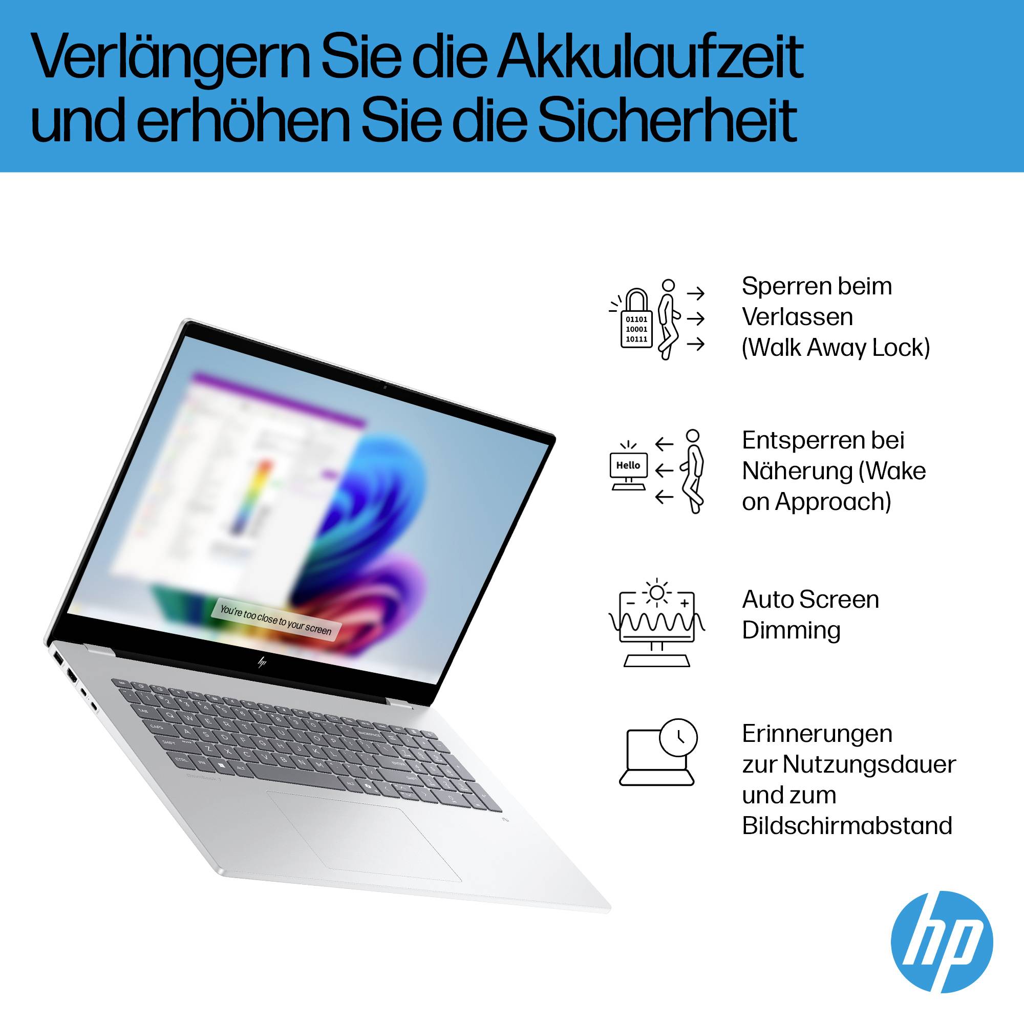 HP Laptop-Anzeige, die längere Akkulaufzeit und höhere Sicherheit bewirbt, mit folgenden Funktionen: Automatische Sperrung beim Weggehen, Aufwachen bei Annäherung, automatische Bildschirmverdunklung und Nutzungserinnerungen.