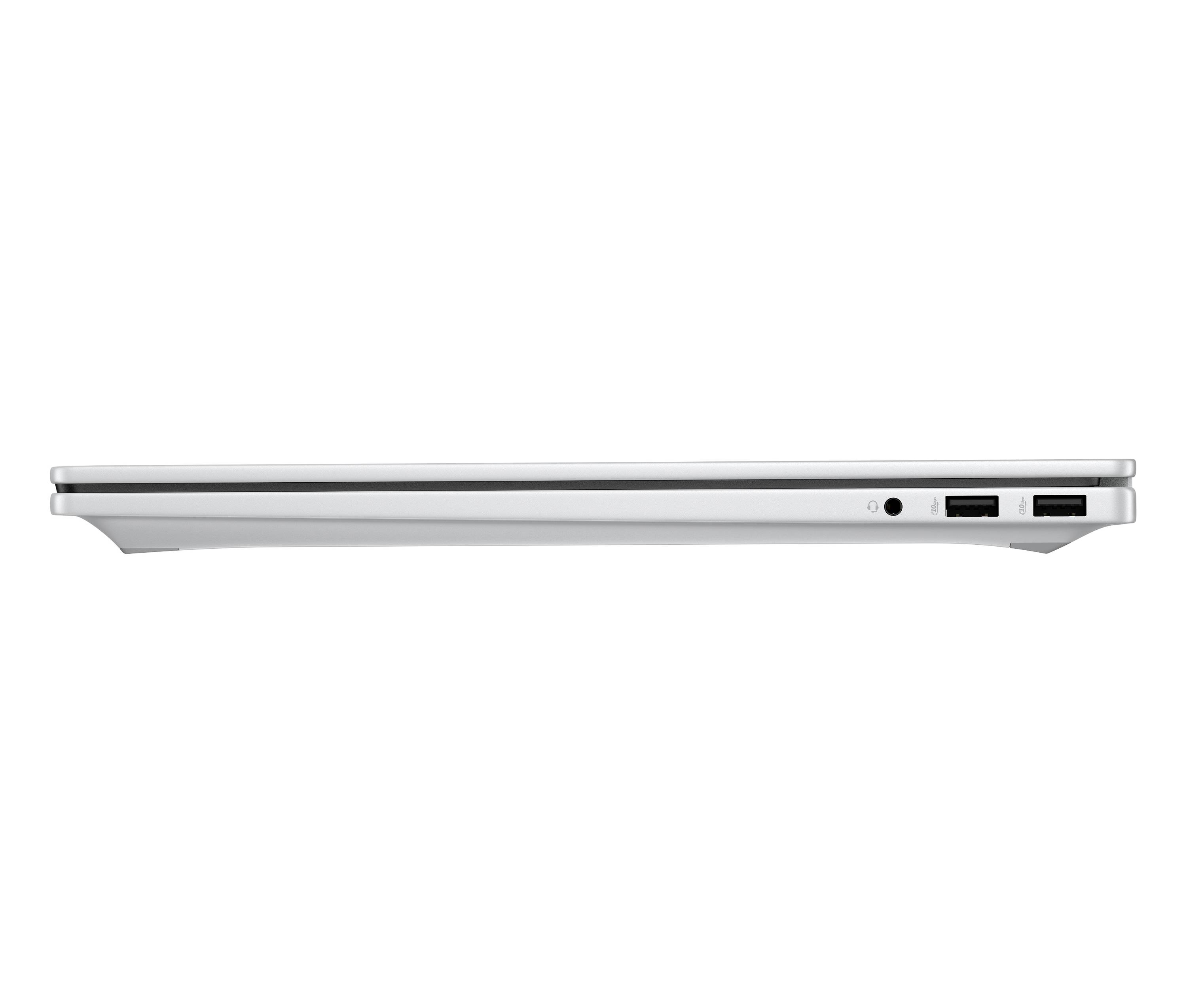 Silberner Laptop in Seitenansicht gezeigt, der sein dünnes geschlossenes Design mit Anschlüssen an der rechten Kante hervorhebt.
